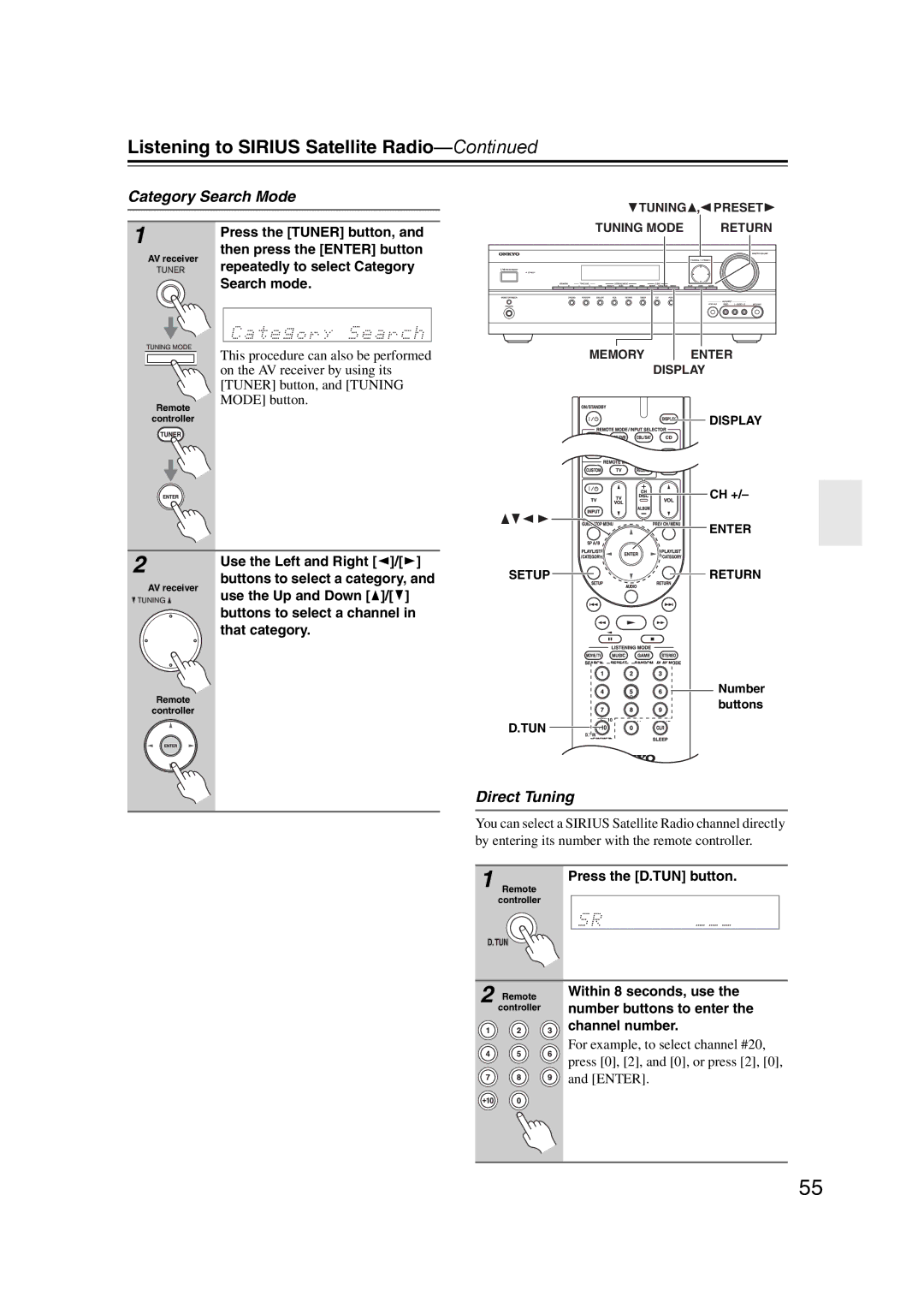 Onkyo 29344934 instruction manual Category Search Mode, Direct Tuning 