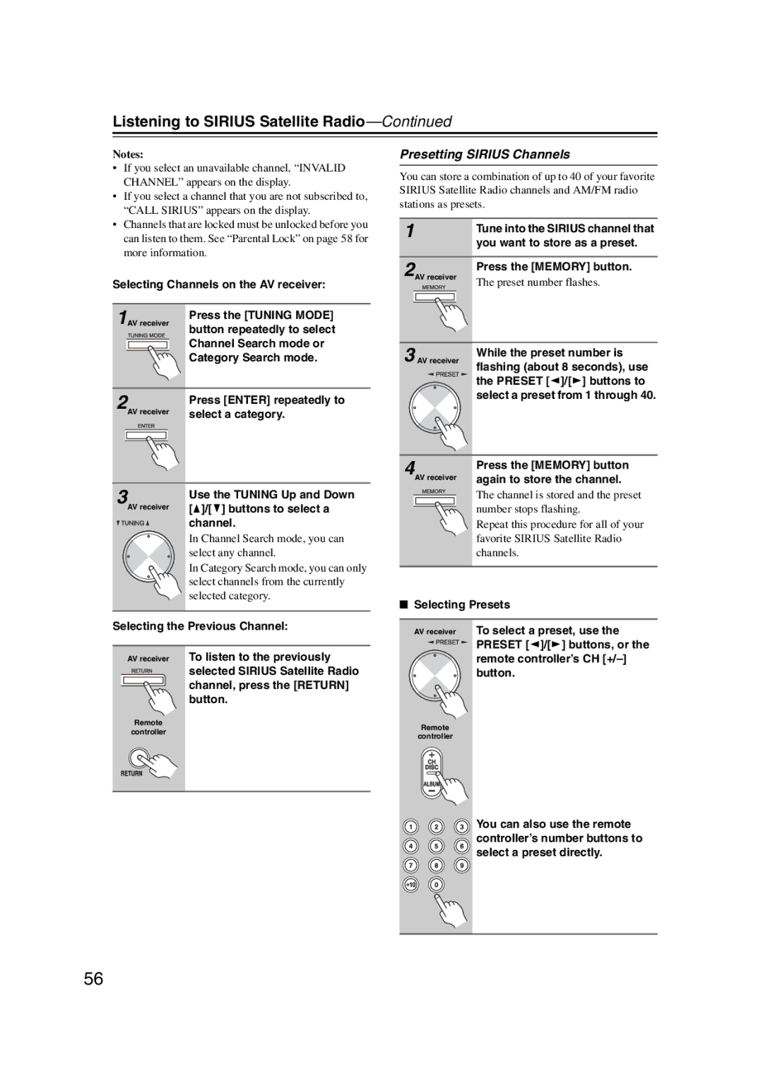 Onkyo 29344934 instruction manual Presetting Sirius Channels 