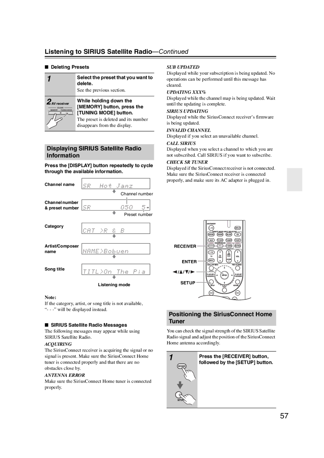 Onkyo 29344934 Displaying Sirius Satellite Radio Information, Positioning the SiriusConnect Home Tuner, Deleting Presets 