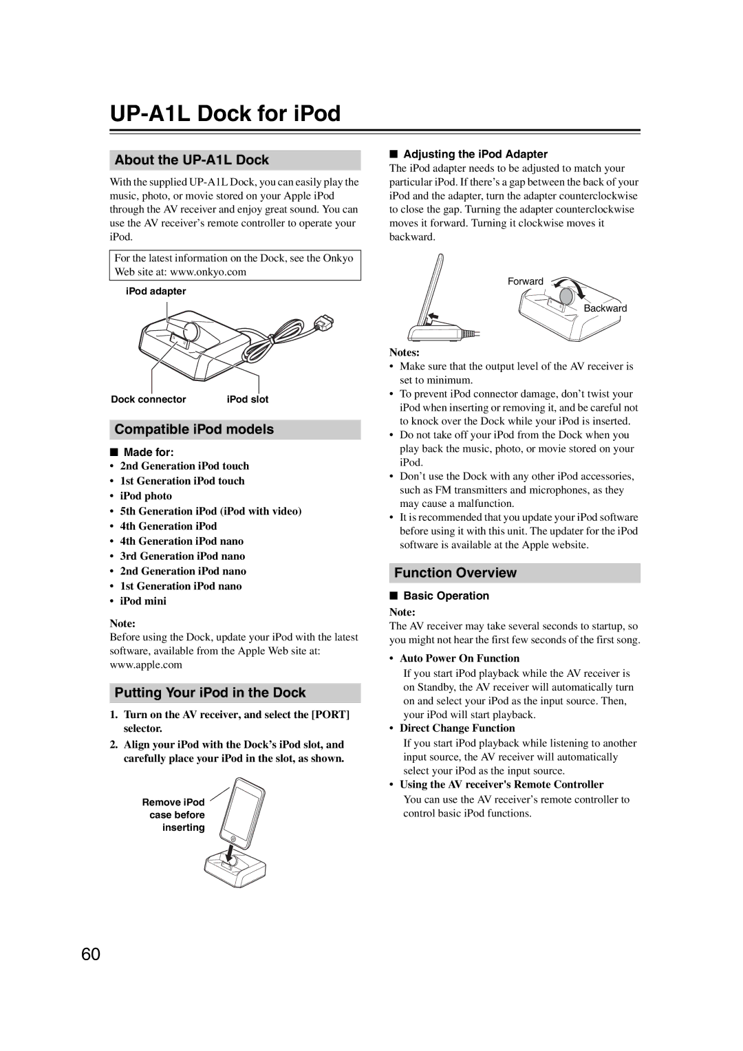 Onkyo 29344934 UP-A1L Dock for iPod, About the UP-A1L Dock, Compatible iPod models, Putting Your iPod in the Dock 
