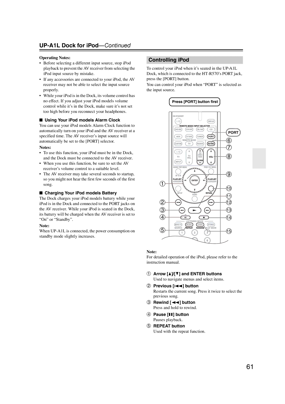 Onkyo 29344934 instruction manual UP-A1L Dock for iPod, Controlling iPod 