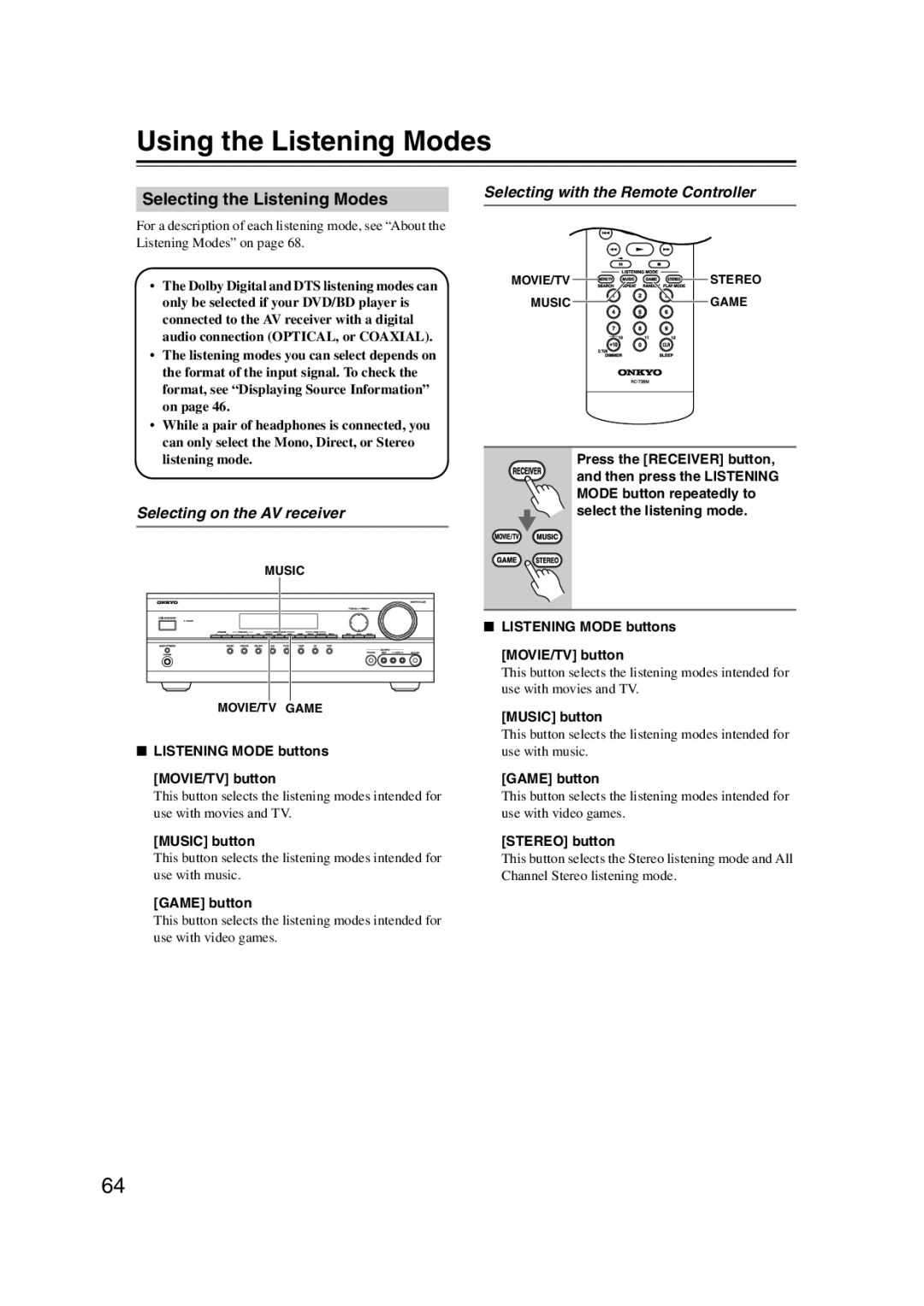 Onkyo 29344934 instruction manual Using the Listening Modes, Selecting the Listening Modes, Selecting on the AV receiver 