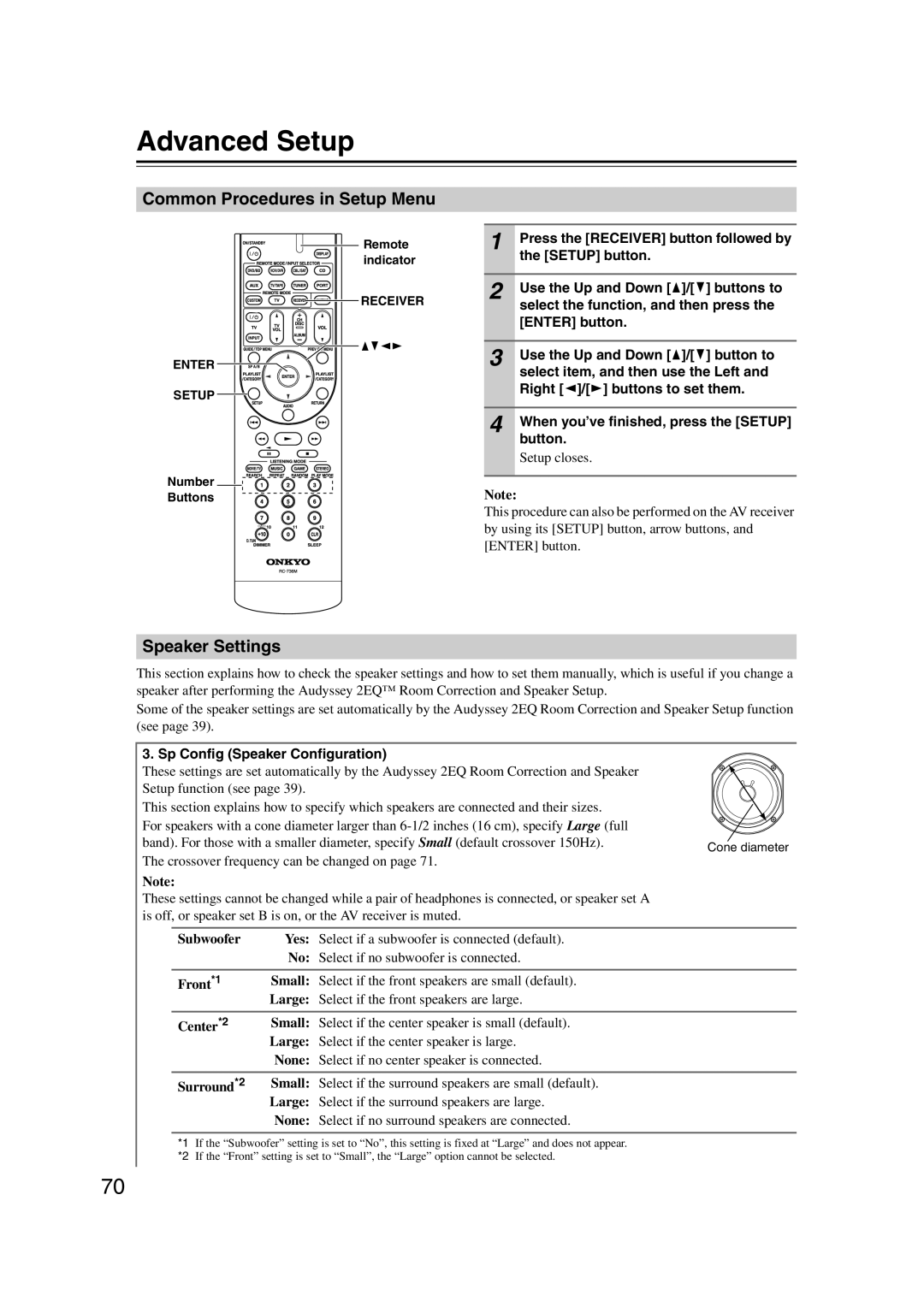 Onkyo 29344934 instruction manual Advanced Setup, Common Procedures in Setup Menu, Speaker Settings 