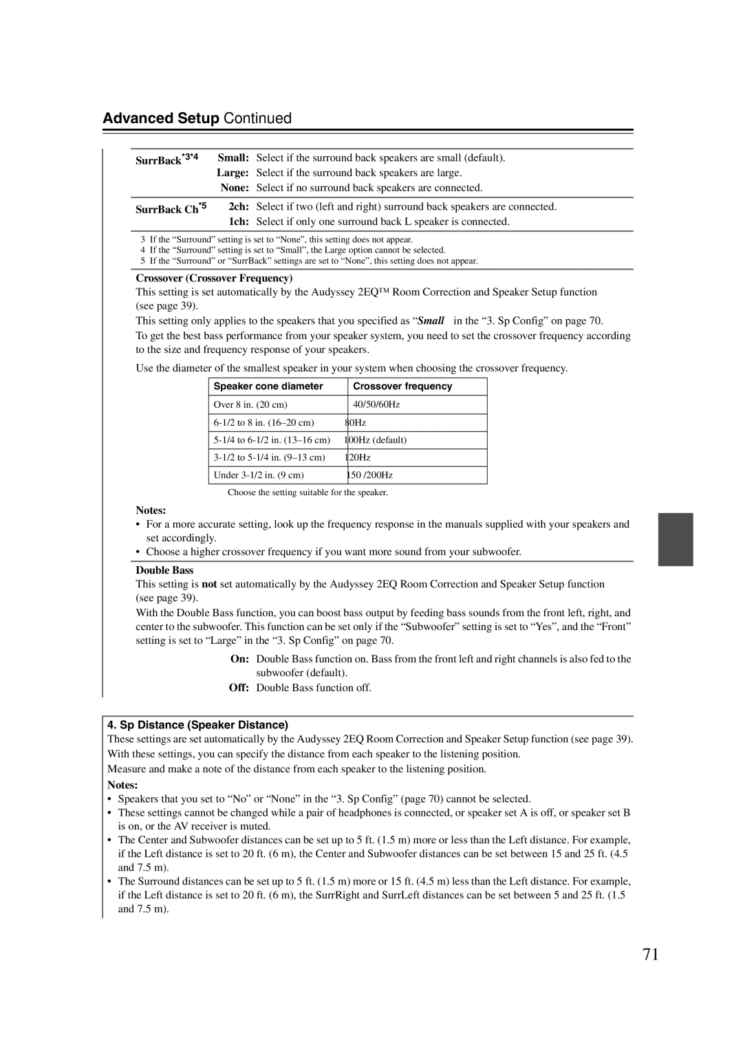 Onkyo 29344934 instruction manual Advanced Setup, Crossover Crossover Frequency, Double Bass, Sp Distance Speaker Distance 