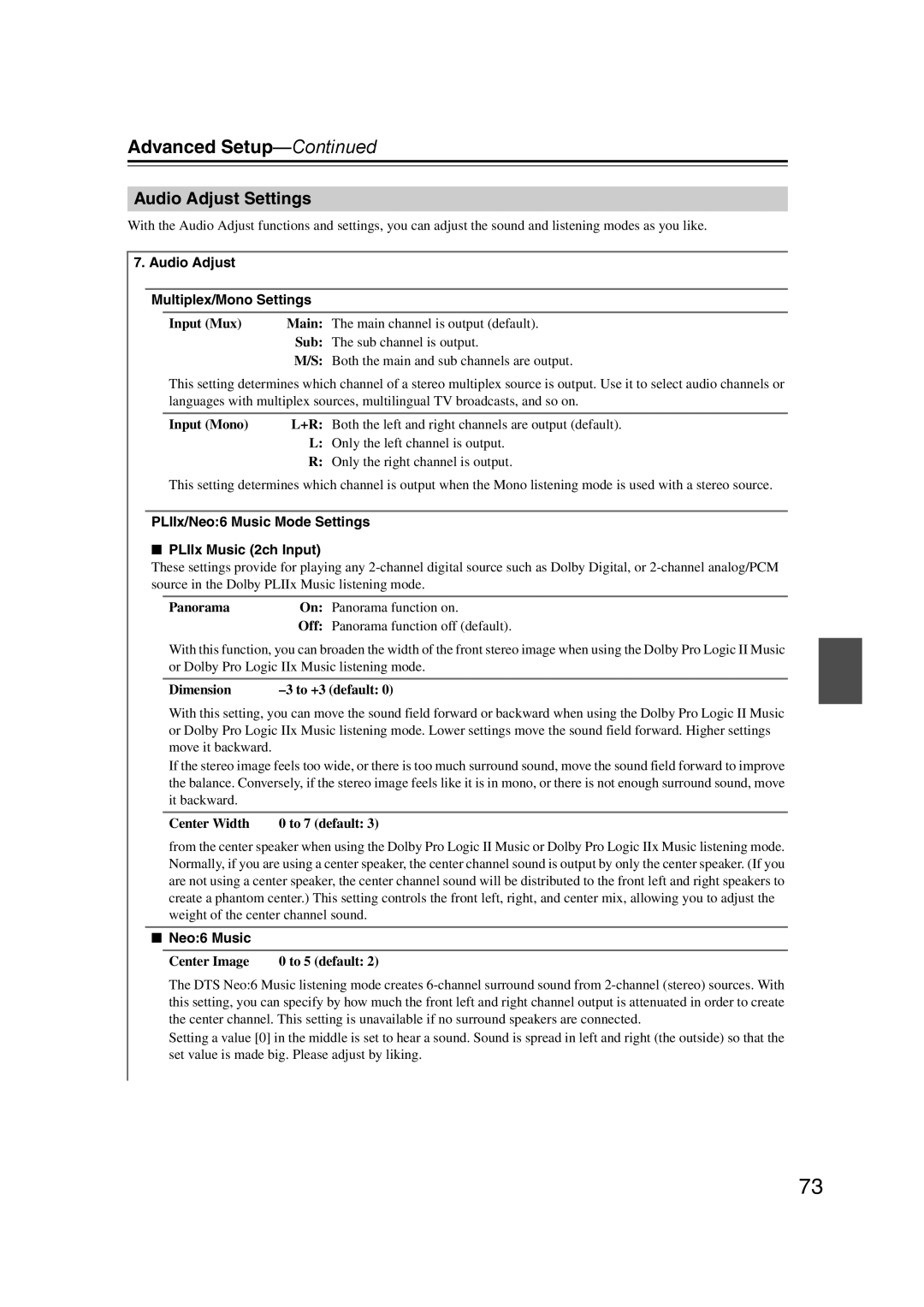 Onkyo 29344934 instruction manual Audio Adjust Settings, Audio Adjust Multiplex/Mono Settings 