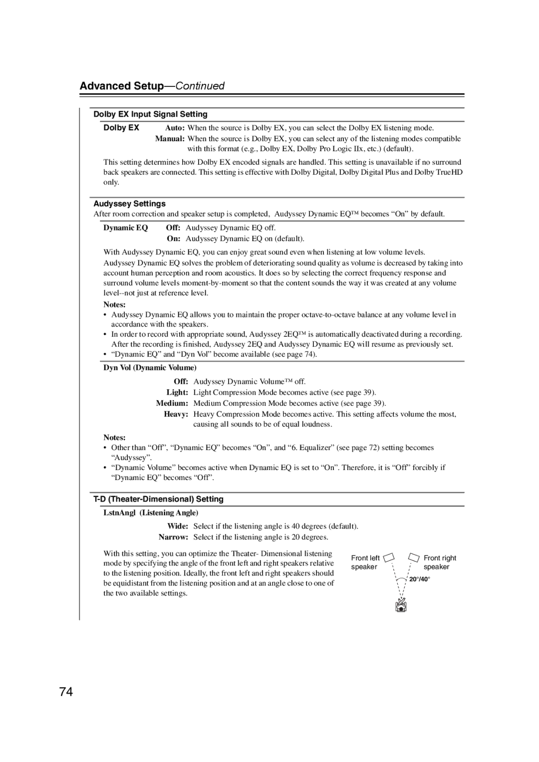 Onkyo 29344934 instruction manual Dolby EX Input Signal Setting, Audyssey Settings, Theater-Dimensional Setting 