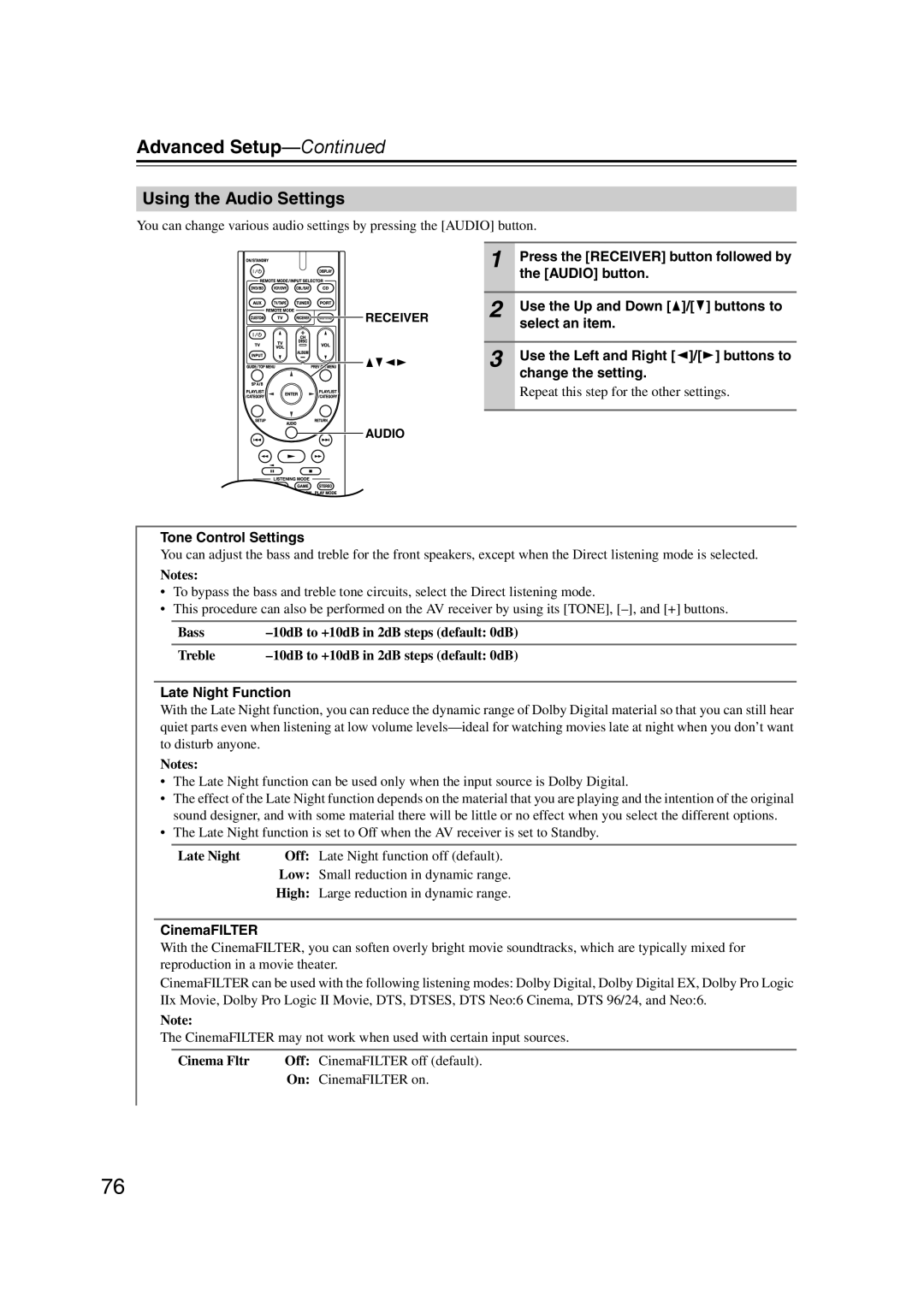 Onkyo 29344934 instruction manual Using the Audio Settings 