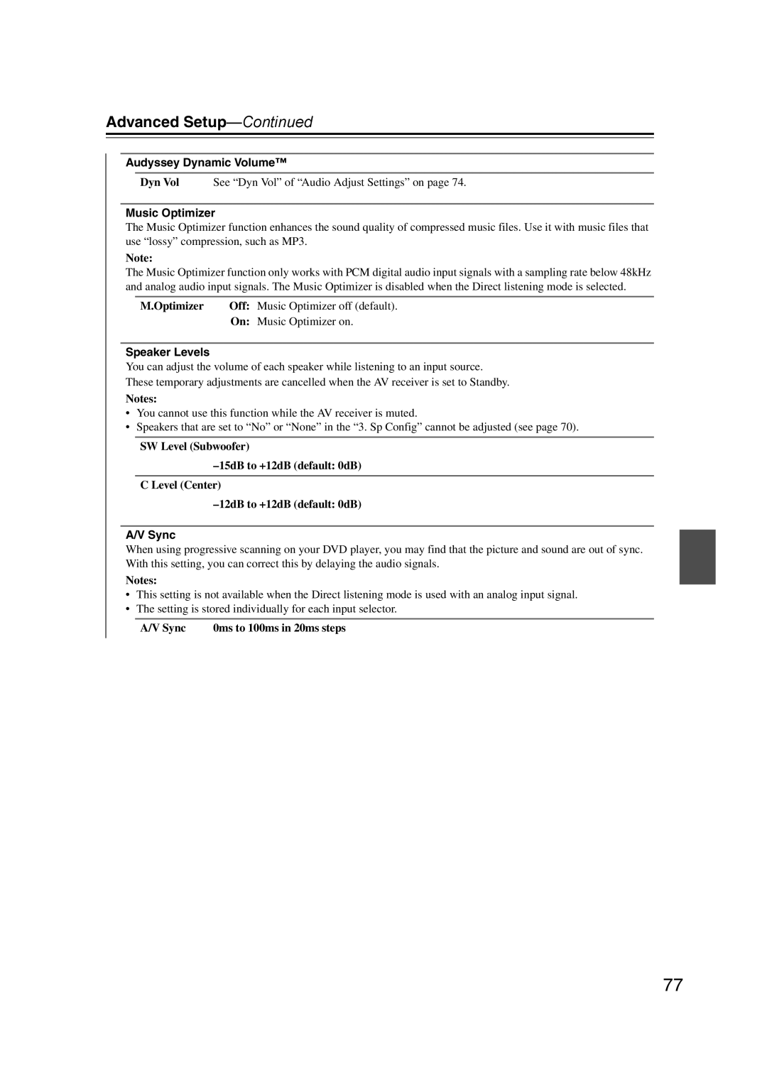 Onkyo 29344934 instruction manual Audyssey Dynamic Volume, Music Optimizer, Speaker Levels, Sync 