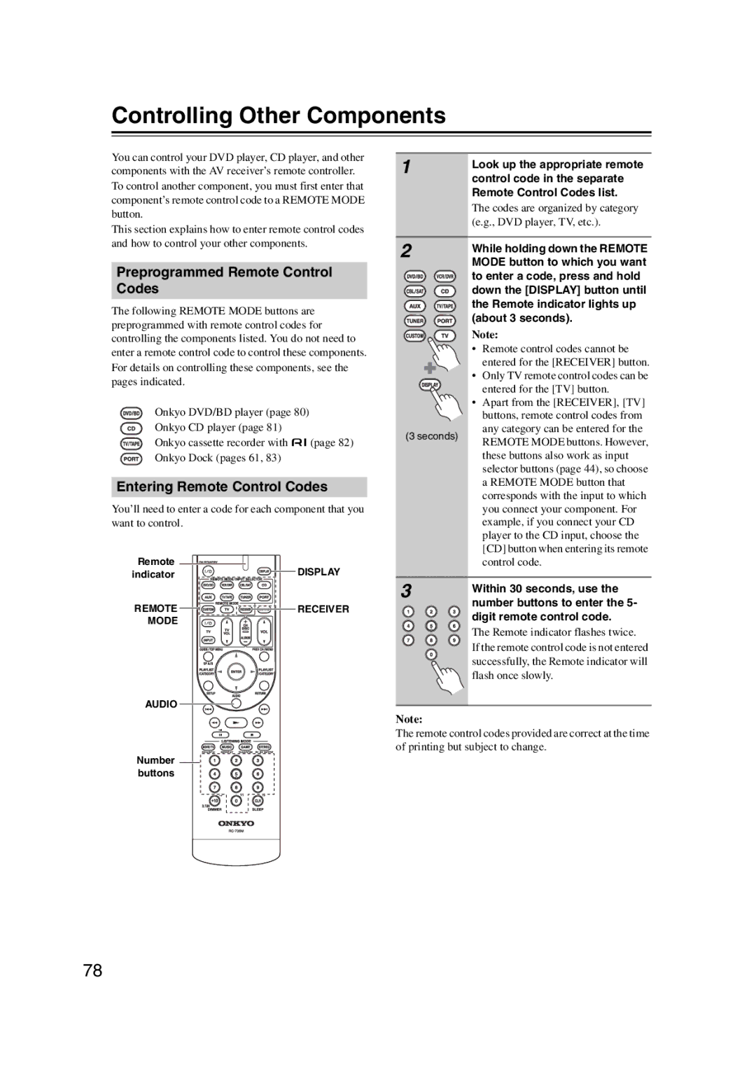 Onkyo 29344934 Controlling Other Components, Preprogrammed Remote Control Codes, Entering Remote Control Codes 