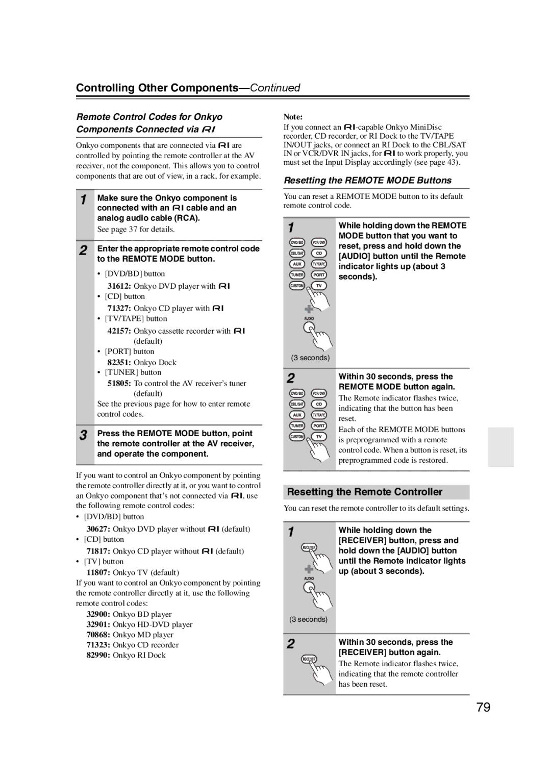 Onkyo 29344934 Controlling Other Components, Resetting the Remote Controller, Resetting the Remote Mode Buttons 