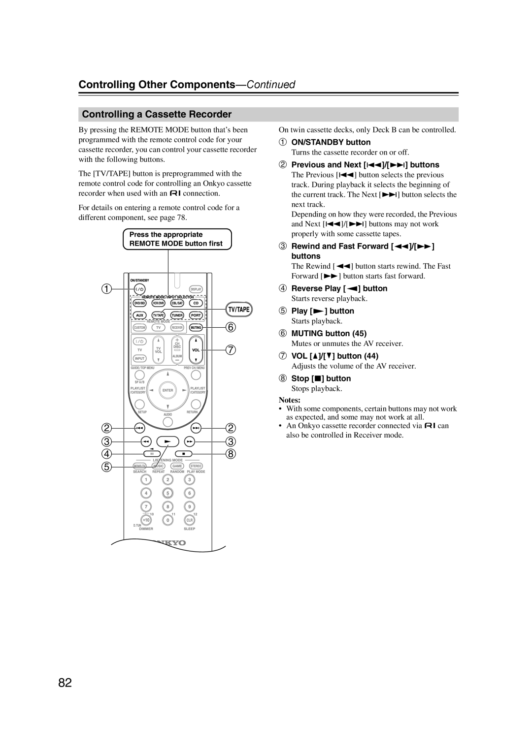 Onkyo 29344934 Controlling a Cassette Recorder, Previous and Next 7/6 buttons, Rewind and Fast Forward 5/4 buttons 