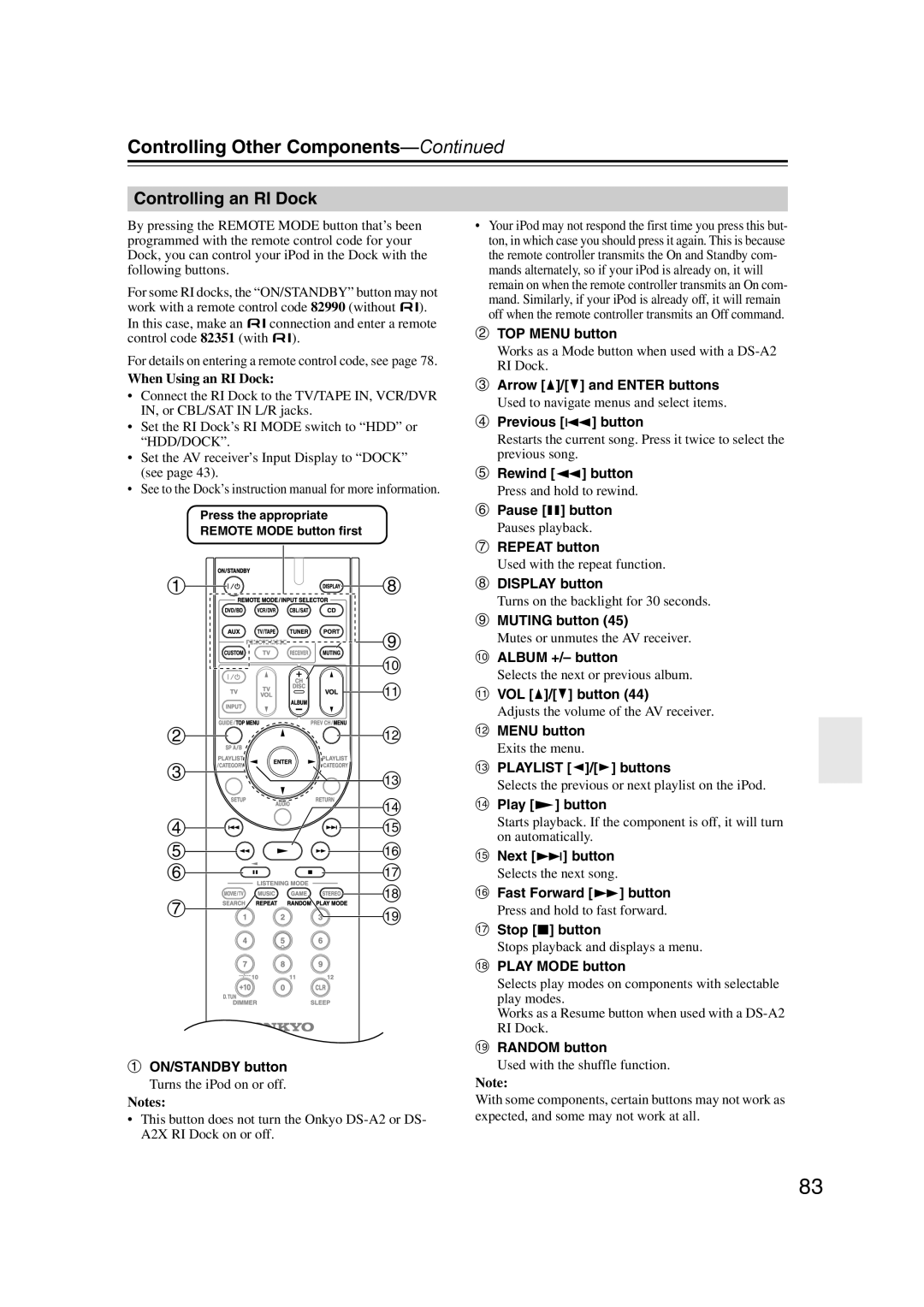 Onkyo 29344934 instruction manual Controlling an RI Dock, When Using an RI Dock 