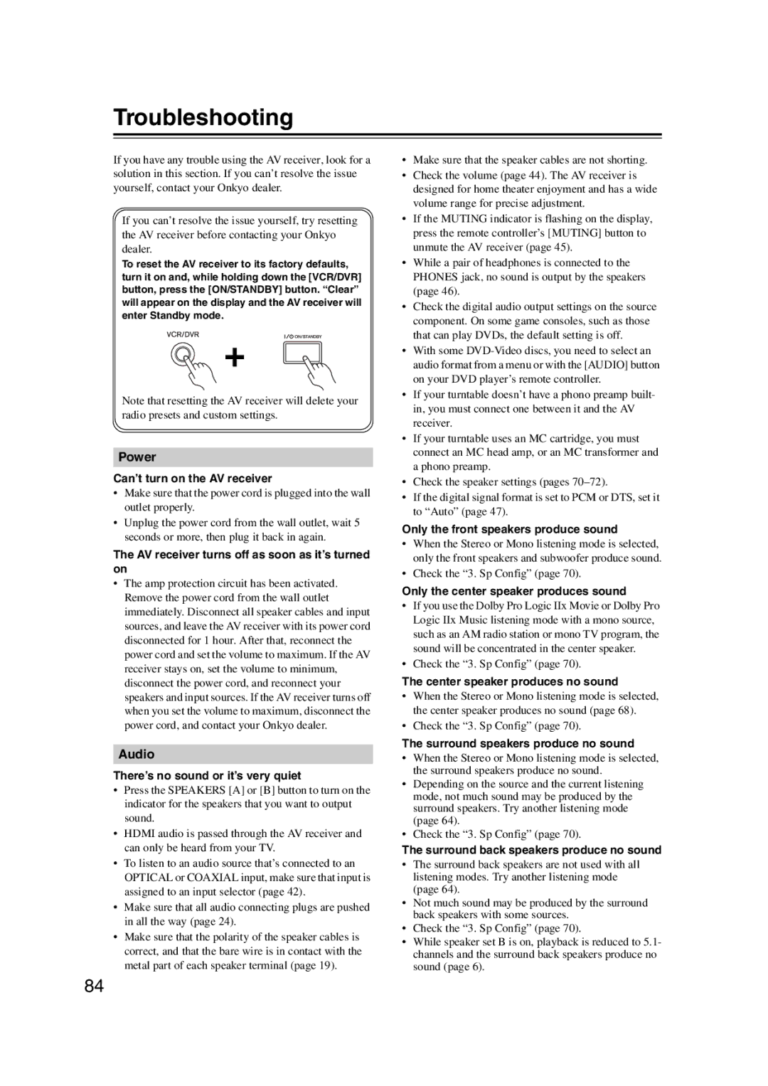 Onkyo 29344934 instruction manual Troubleshooting 