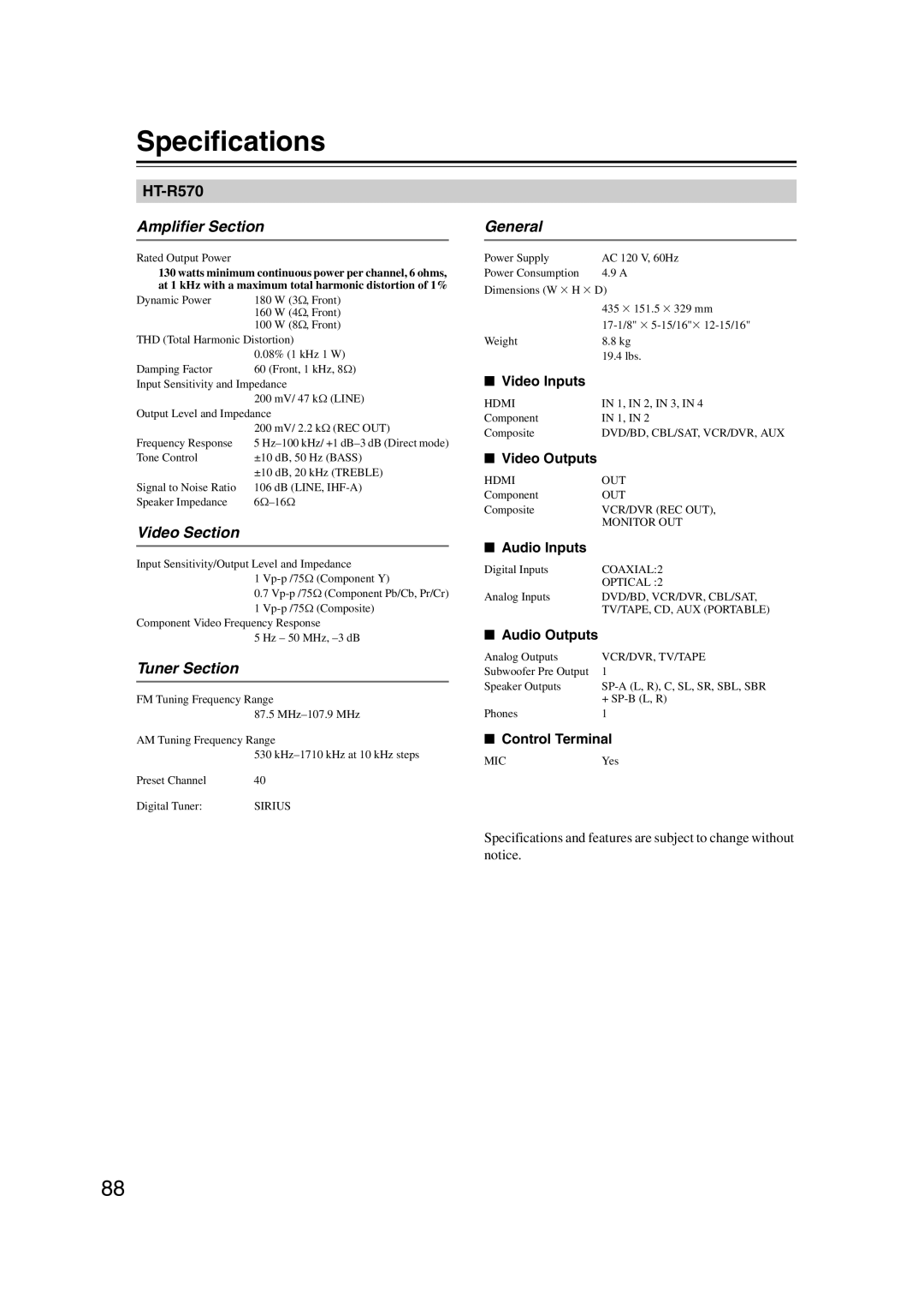 Onkyo 29344934 instruction manual Specifications, Amplifier Section, Video Section, Tuner Section, General 