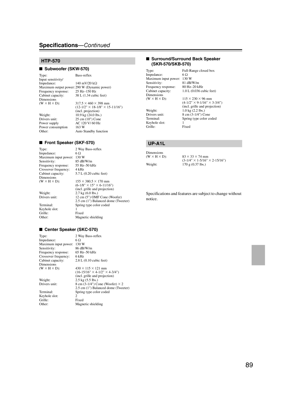 Onkyo 29344934 instruction manual Specifications, Subwoofer SKW-570, Front Speaker SKF-570, Center Speaker SKC-570 