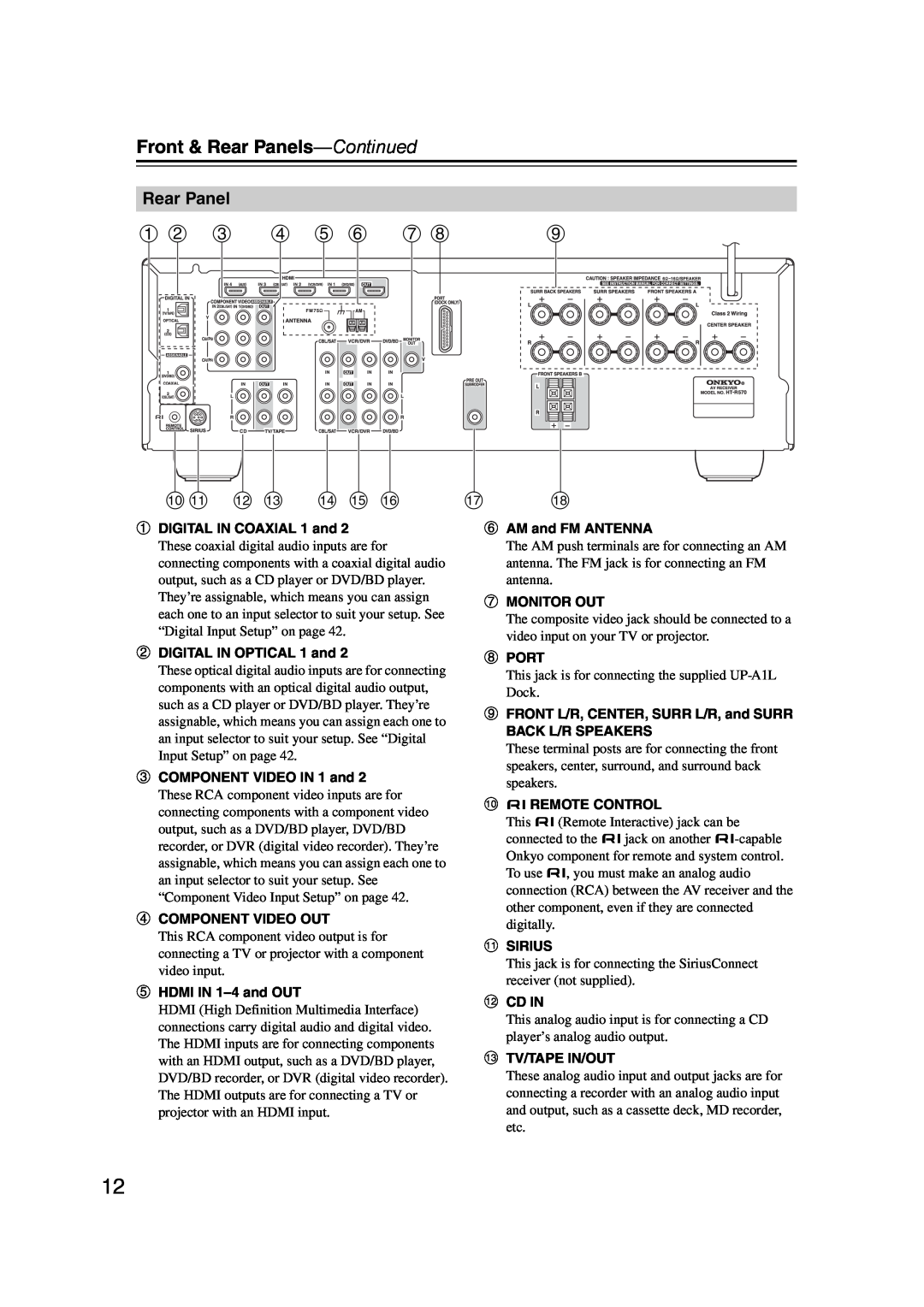 Onkyo 29344934 instruction manual a b c d e f g h, j k l m n o p, Front & Rear Panels—Continued 
