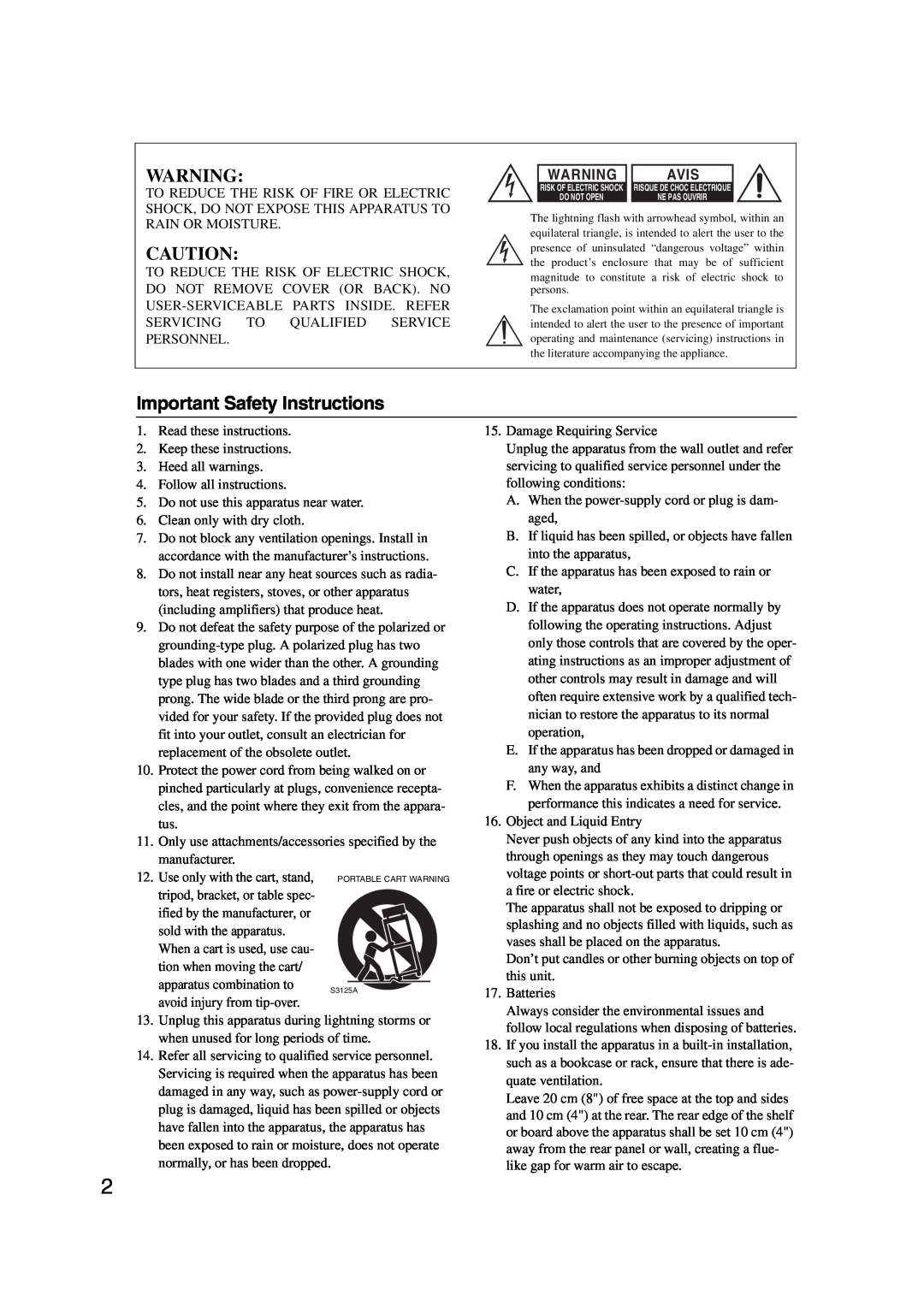 Onkyo 29344934 instruction manual Important Safety Instructions, Avis 