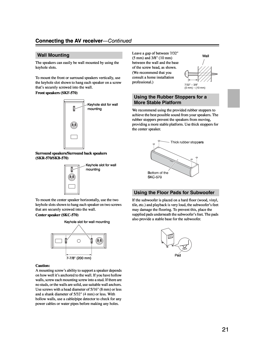 Onkyo 29344934 instruction manual Wall Mounting, Using the Floor Pads for Subwoofer, Connecting the AV receiver—Continued 