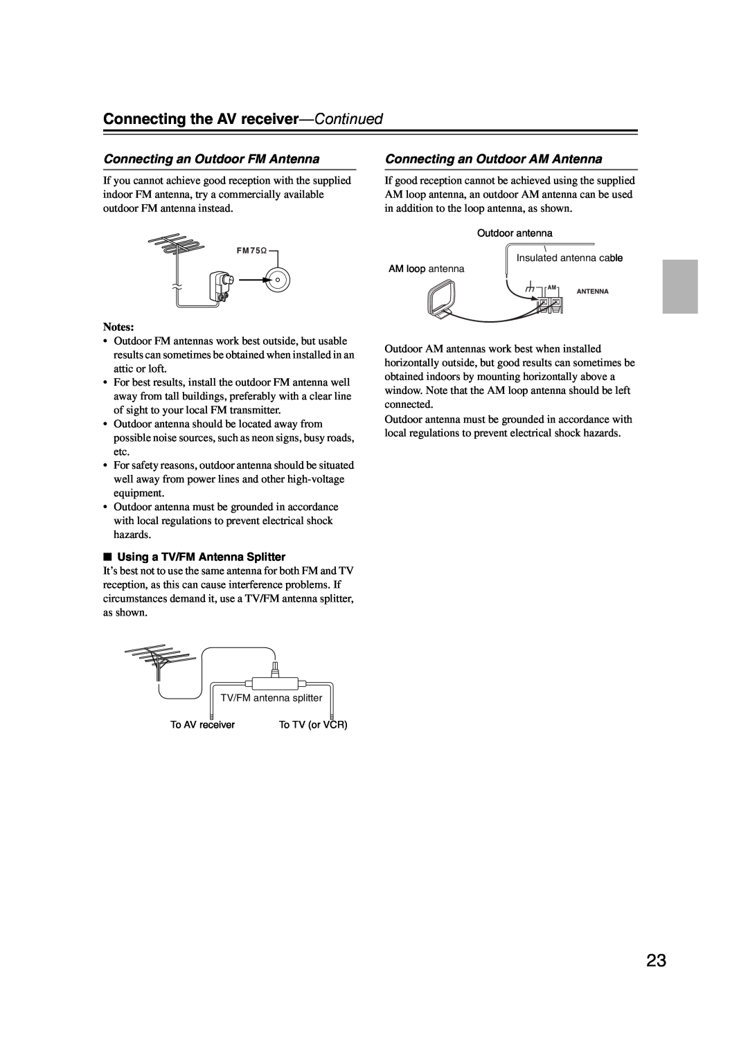 Onkyo 29344934 Connecting an Outdoor FM Antenna, Connecting an Outdoor AM Antenna, Connecting the AV receiver—Continued 