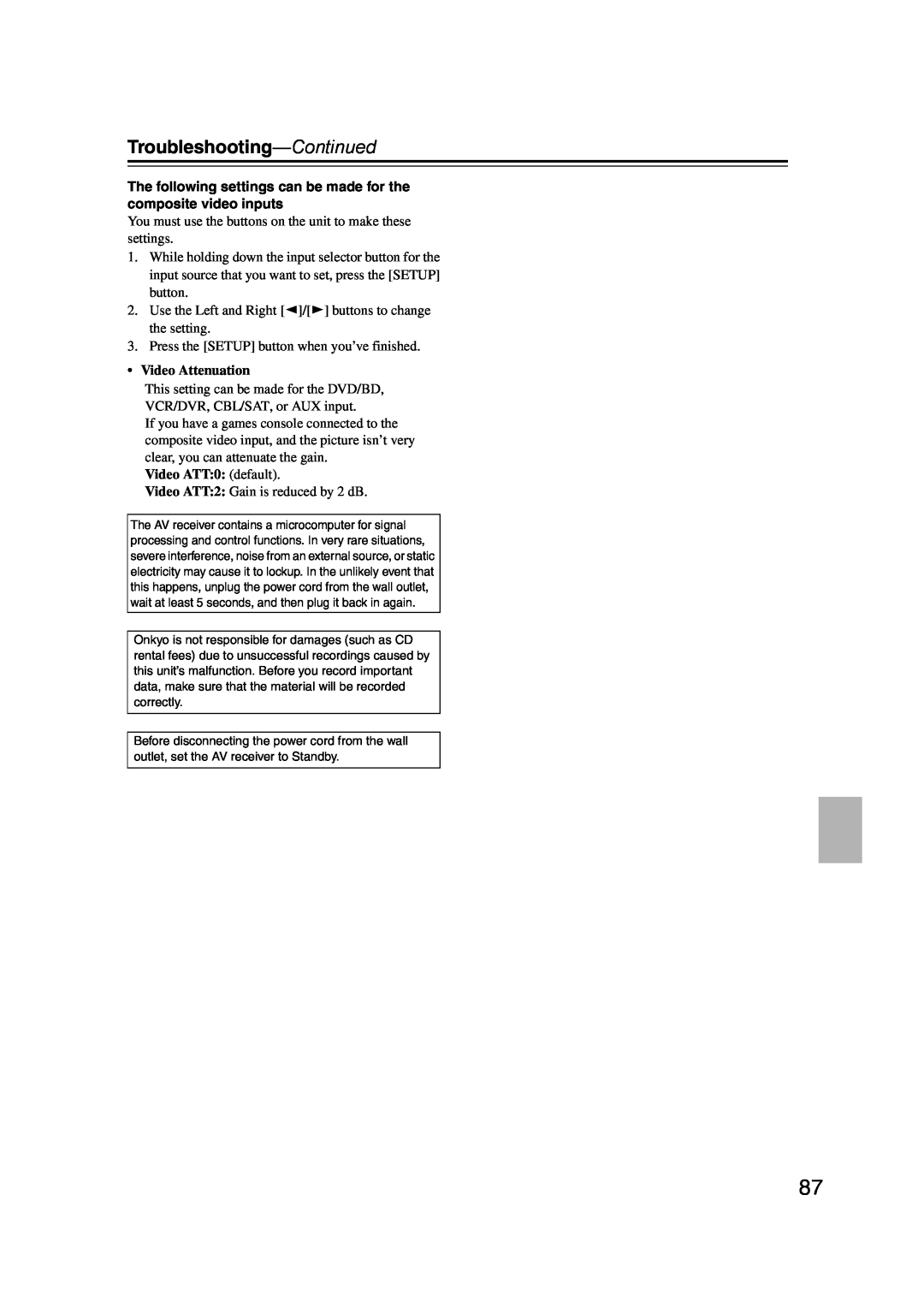 Onkyo 29344934 instruction manual Troubleshooting—Continued, Video Attenuation, Video ATT:0: default 