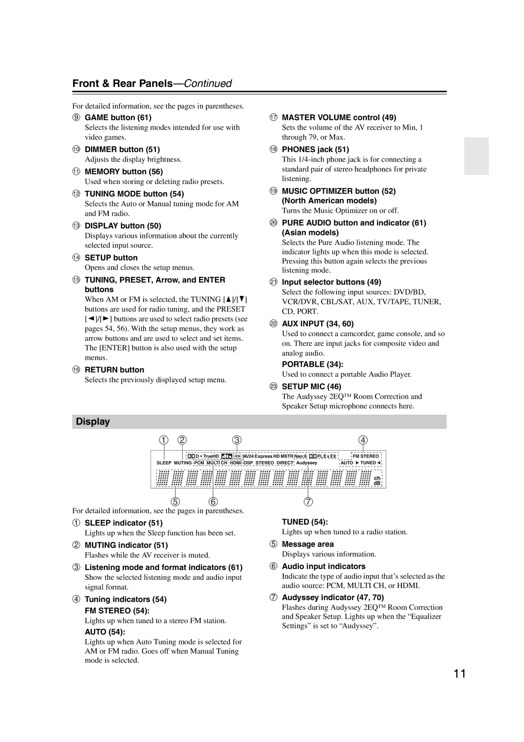 Onkyo HT-S6200, 29344937 instruction manual Front & Rear Panels, Display 