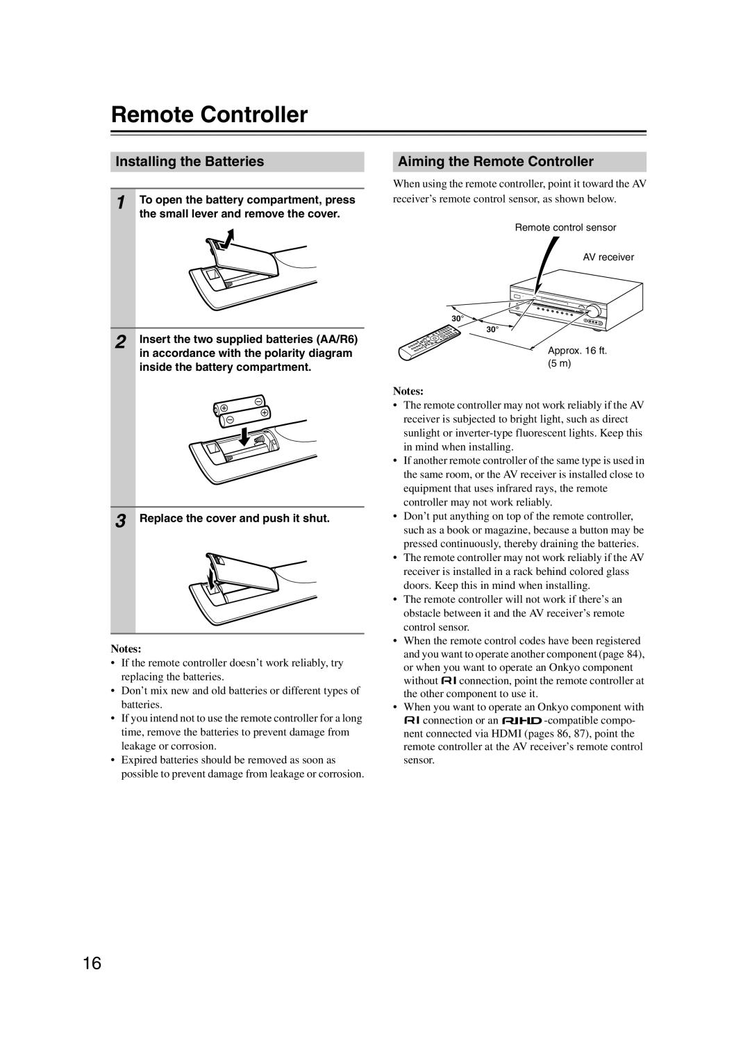 Onkyo 29344937, HT-S6200 instruction manual Installing the Batteries, Aiming the Remote Controller 