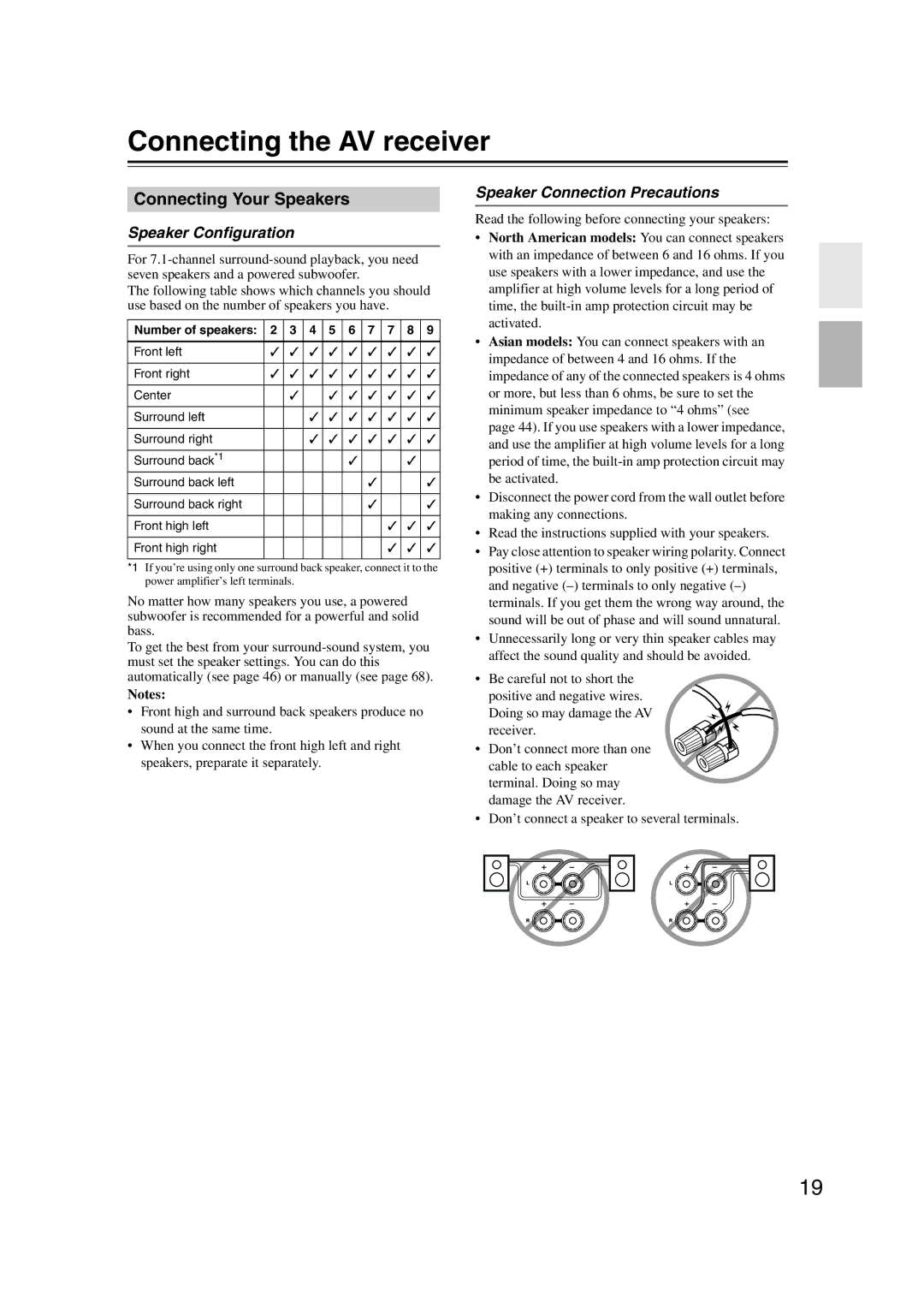 Onkyo HT-S6200 Connecting the AV receiver, Connecting Your Speakers, Speaker Configuration, Speaker Connection Precautions 