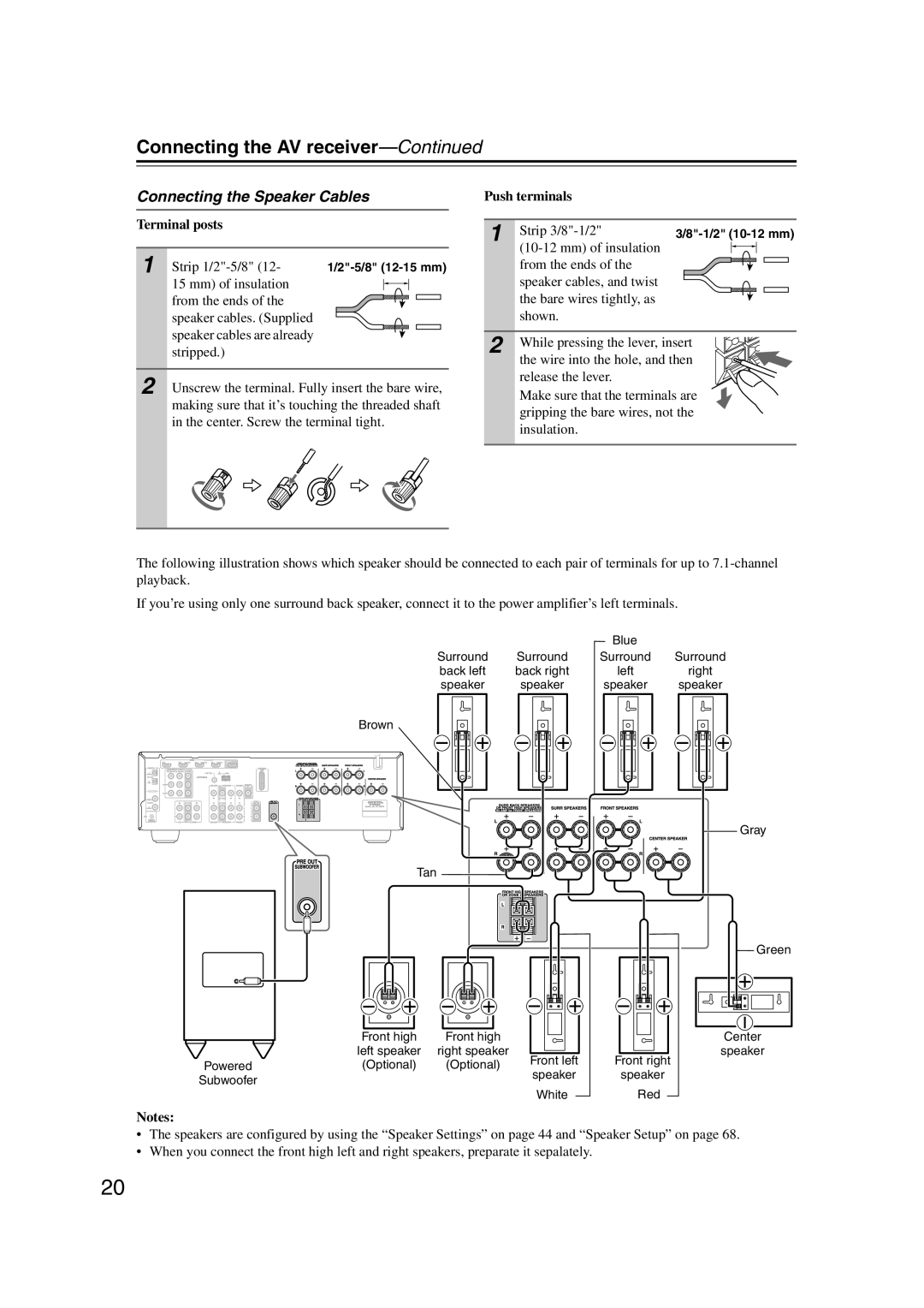 Onkyo 29344937, HT-S6200 Connecting the AV receiver, Connecting the Speaker Cables, Terminal posts, Push terminals 