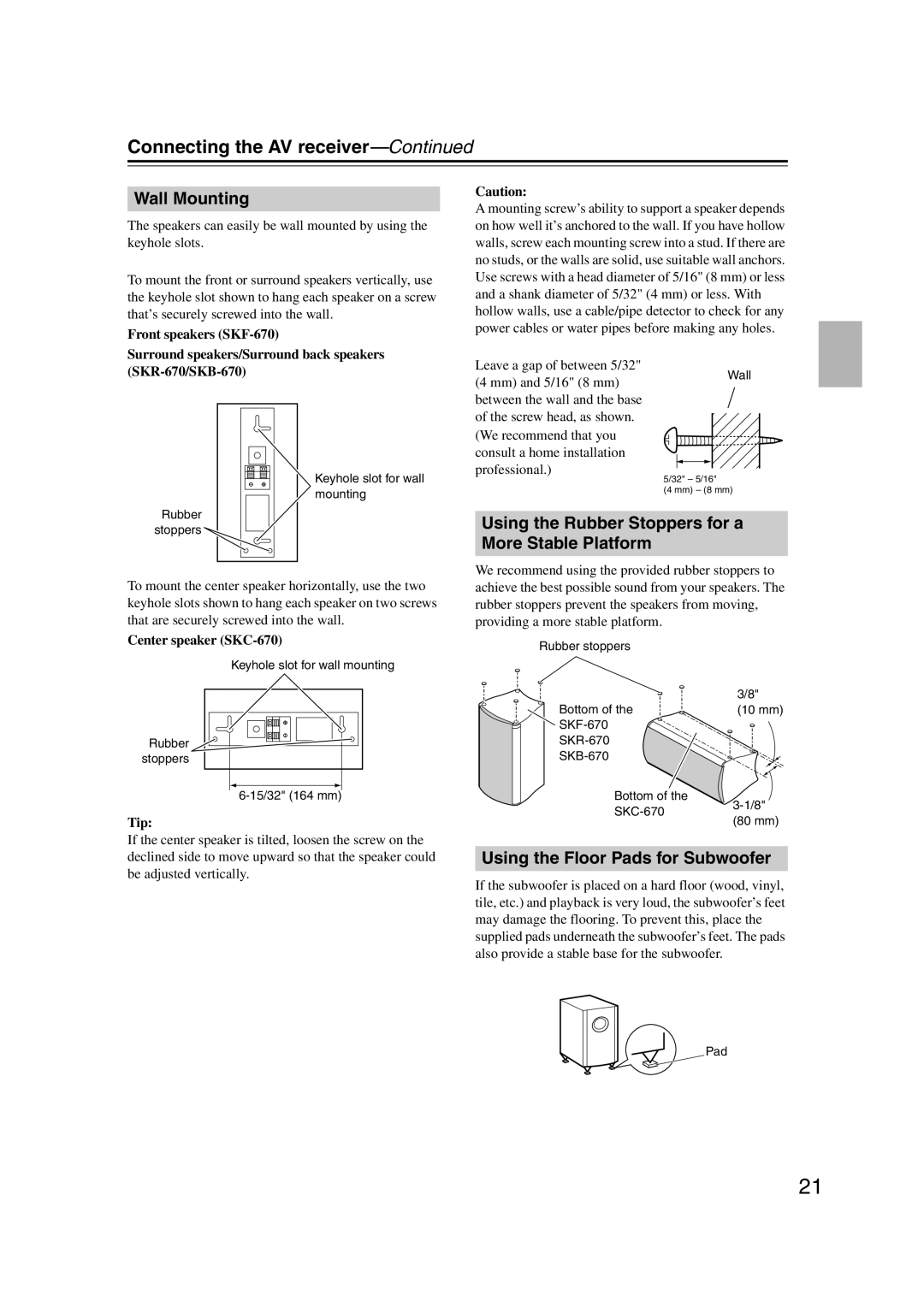 Onkyo HT-S6200 Wall Mounting, Using the Rubber Stoppers for a More Stable Platform, Using the Floor Pads for Subwoofer 