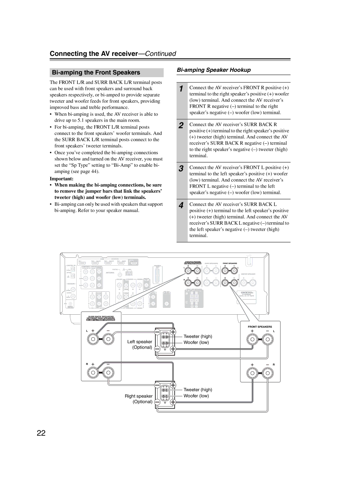 Onkyo 29344937, HT-S6200 instruction manual Bi-amping the Front Speakers, Bi-amping Speaker Hookup 