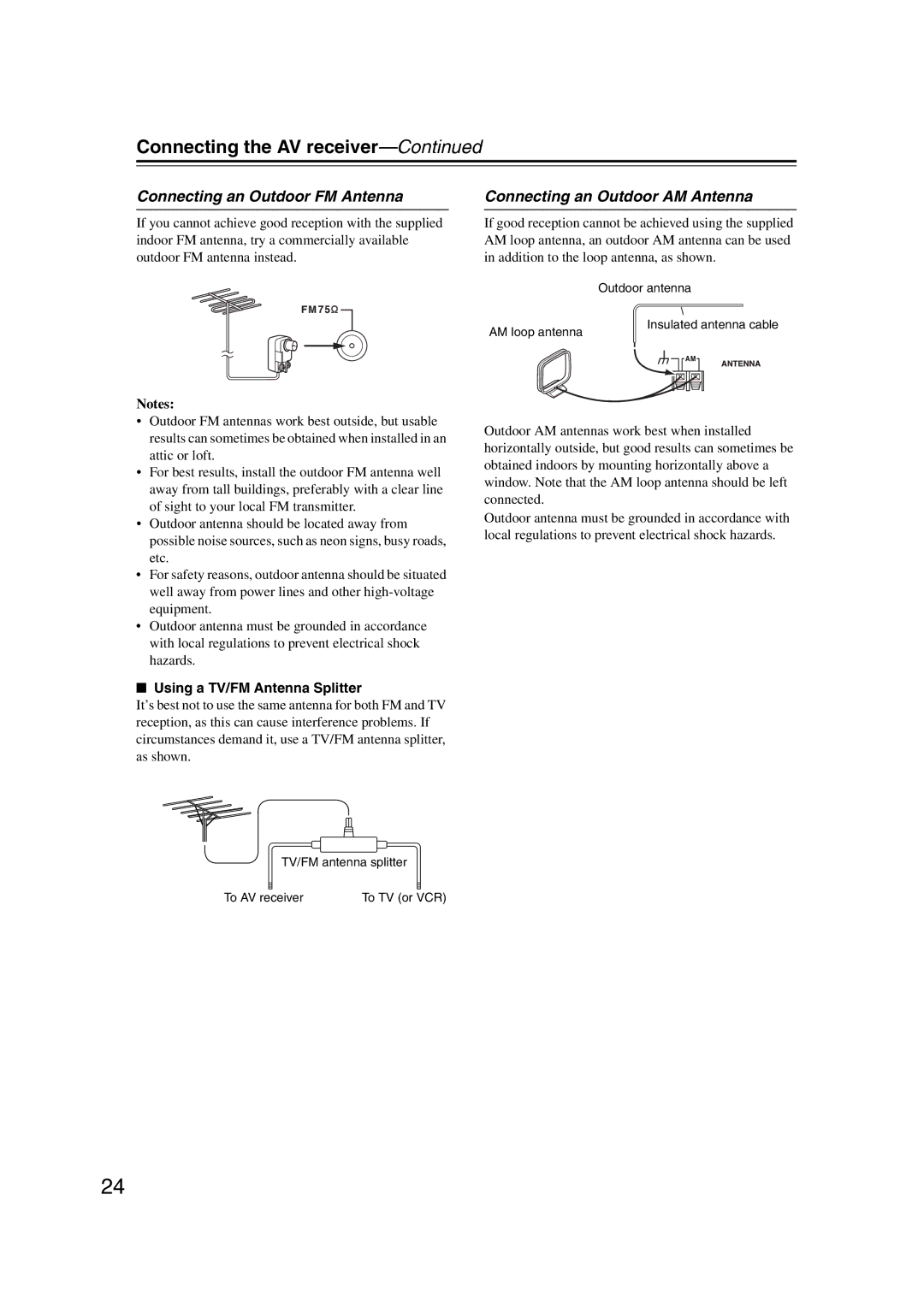 Onkyo 29344937 Connecting an Outdoor FM Antenna, Connecting an Outdoor AM Antenna, Using a TV/FM Antenna Splitter 