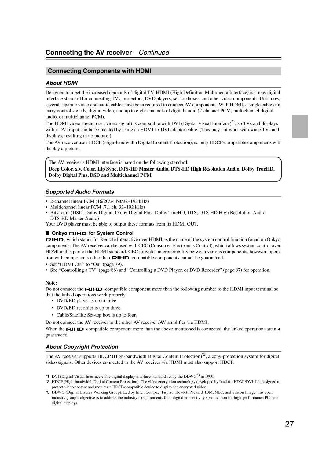 Onkyo HT-S6200, 29344937 Connecting Components with Hdmi, About Hdmi, Supported Audio Formats, About Copyright Protection 