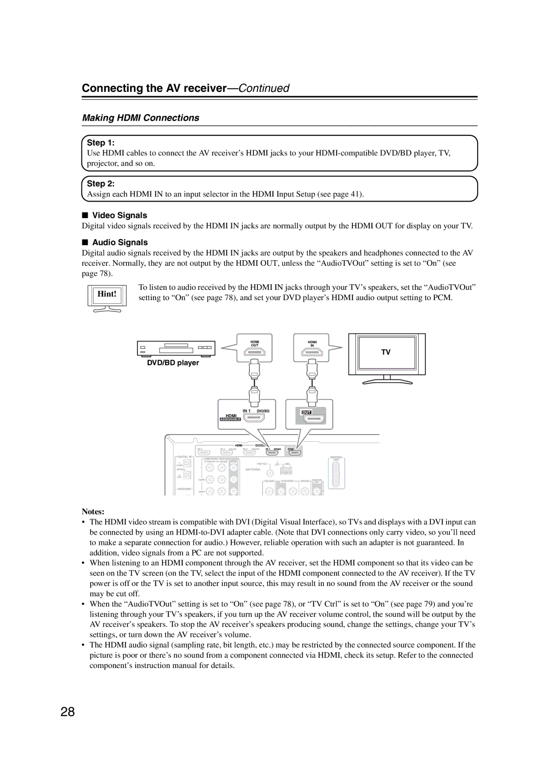 Onkyo 29344937, HT-S6200 instruction manual Making Hdmi Connections, Step, Video Signals, Audio Signals, Hint 