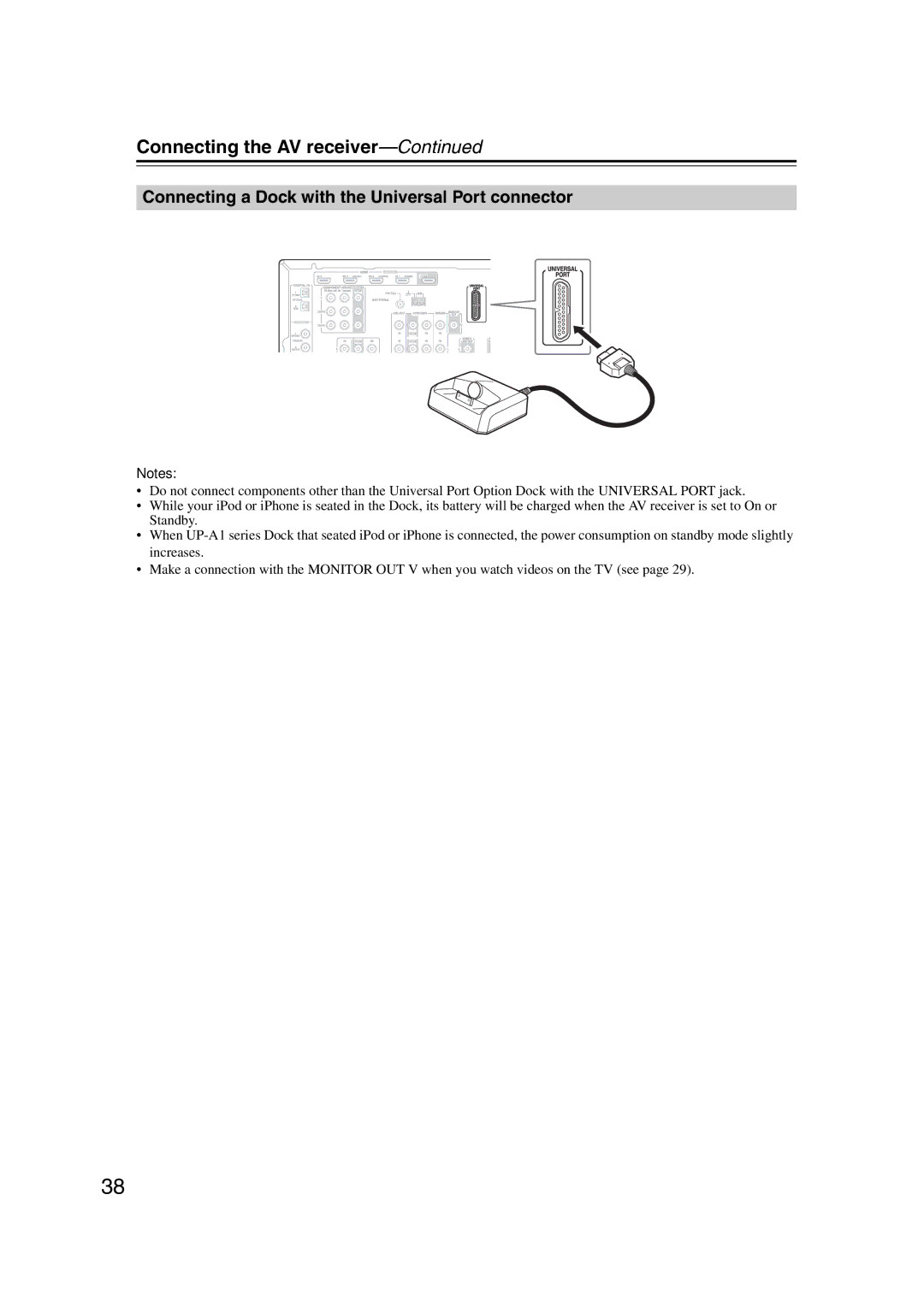 Onkyo 29344937, HT-S6200 instruction manual Connecting a Dock with the Universal Port connector 