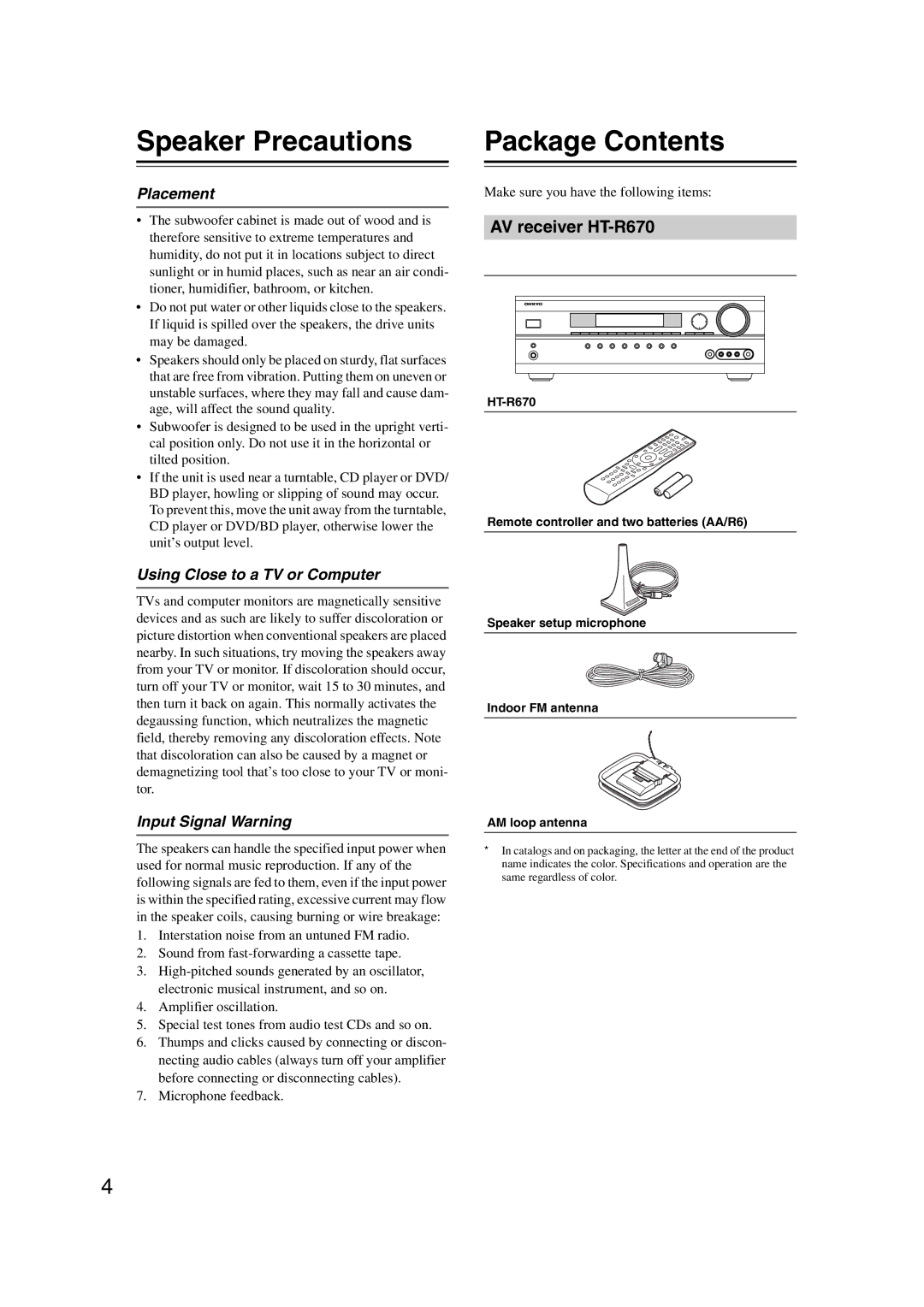 Onkyo 29344937, HT-S6200 instruction manual Speaker Precautions Package Contents 