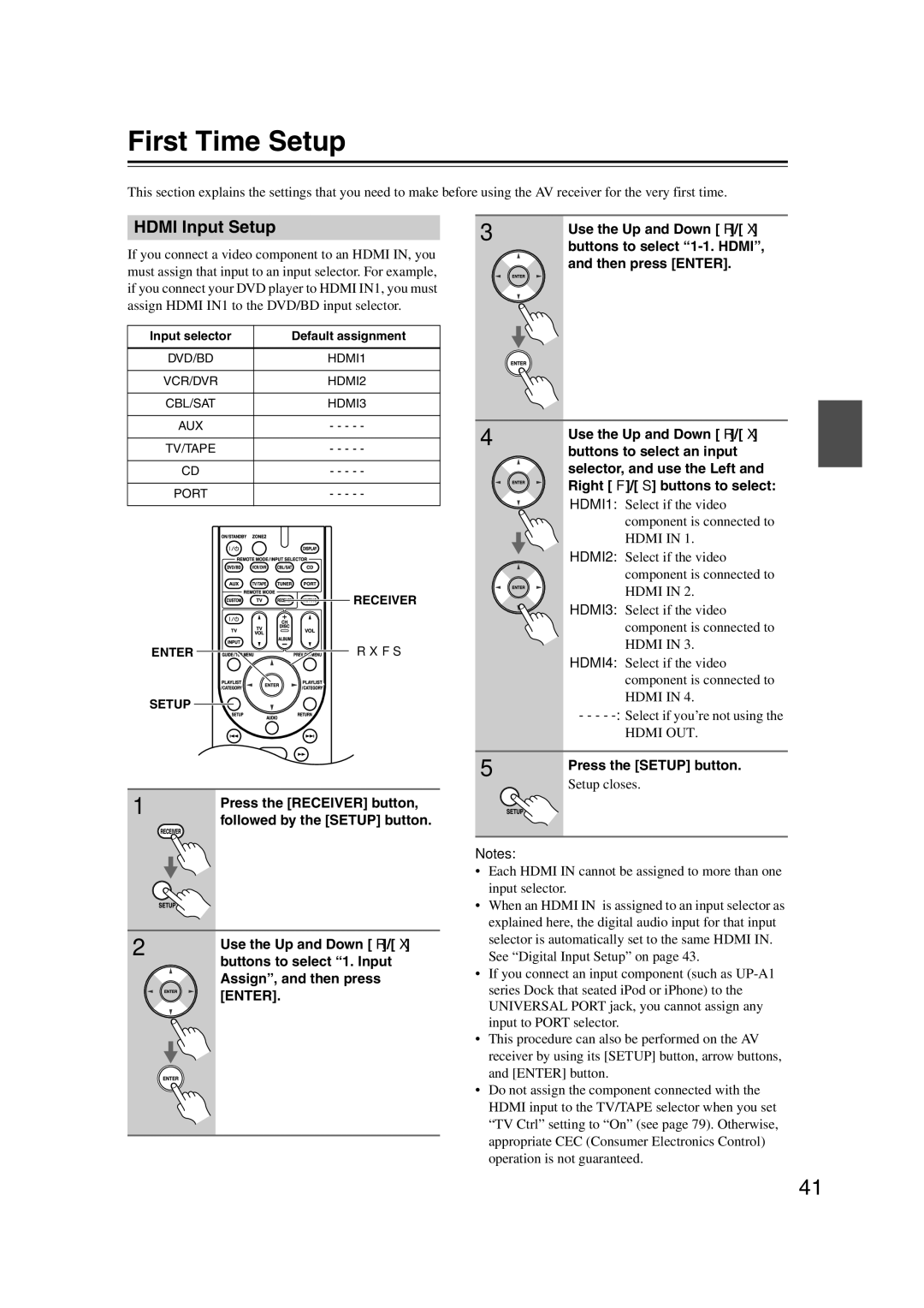 Onkyo HT-S6200, 29344937 First Time Setup, Hdmi Input Setup, Press the Receiver button, Followed by the Setup button 