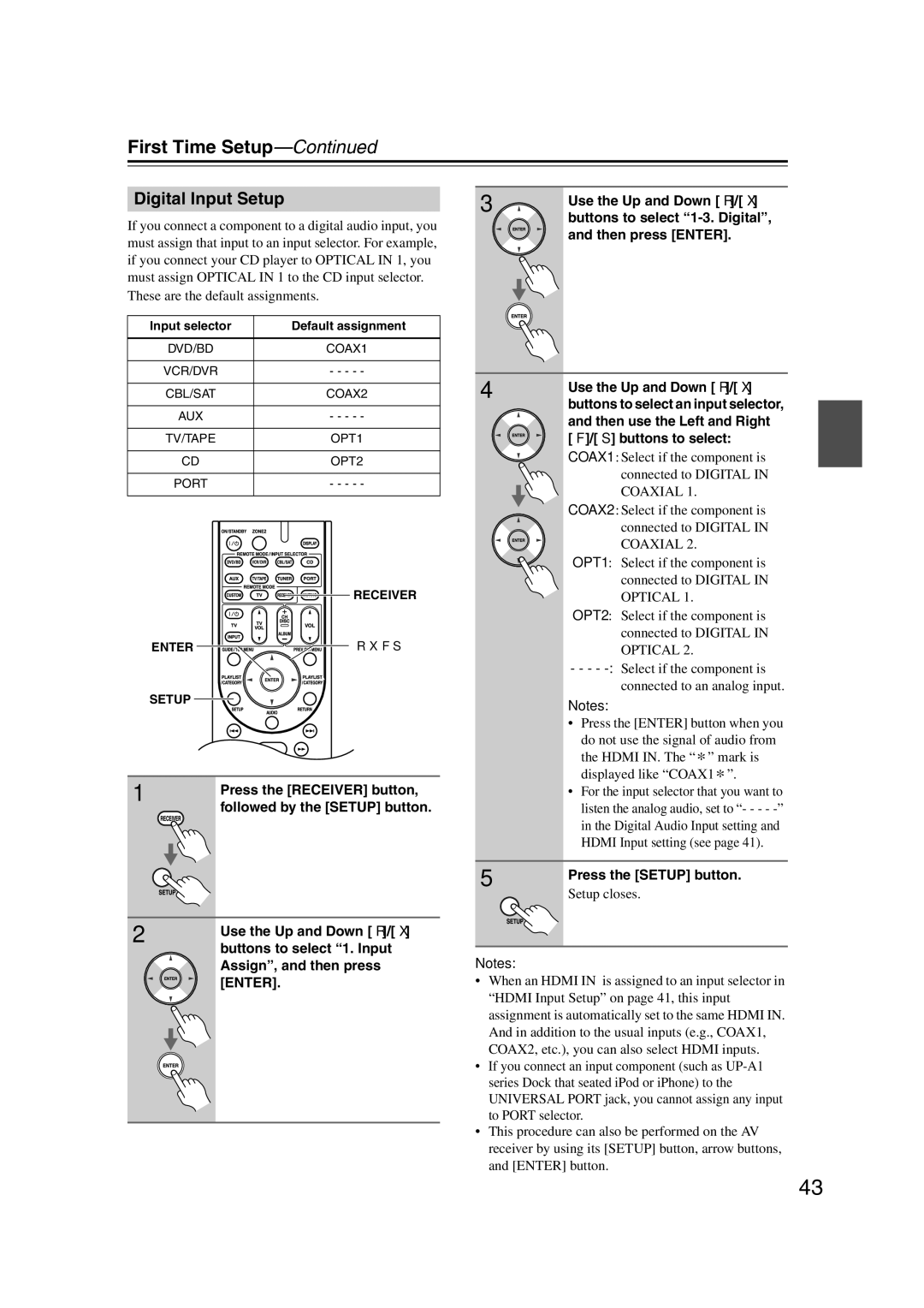 Onkyo HT-S6200, 29344937 instruction manual Digital Input Setup, Setup closes 