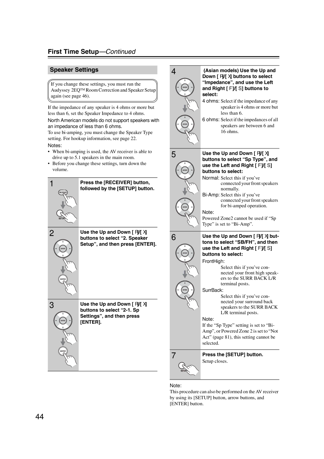 Onkyo 29344937 Speaker Settings, Buttons to select Sp Type, Use the Left and Right e/ r, Use the Up and Down q/ w but 