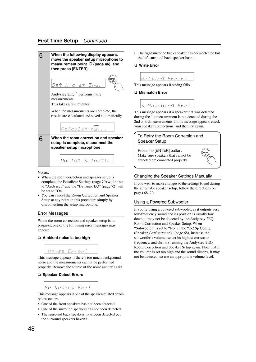 Onkyo 29344937 Error Messages, To Retry the Room Correction and Speaker Setup, Changing the Speaker Settings Manually 