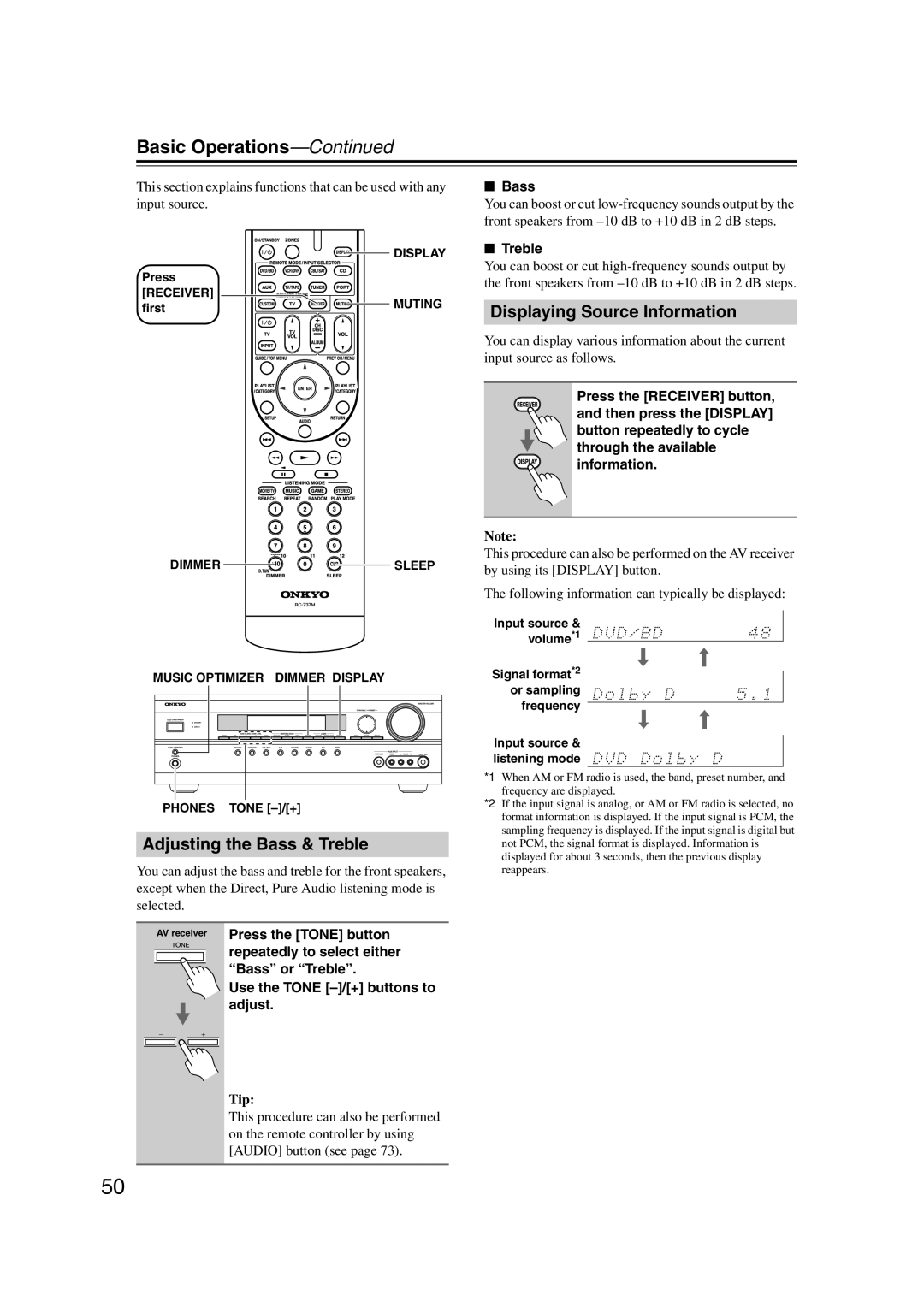 Onkyo 29344937, HT-S6200 instruction manual Basic Operations, Adjusting the Bass & Treble, Displaying Source Information 