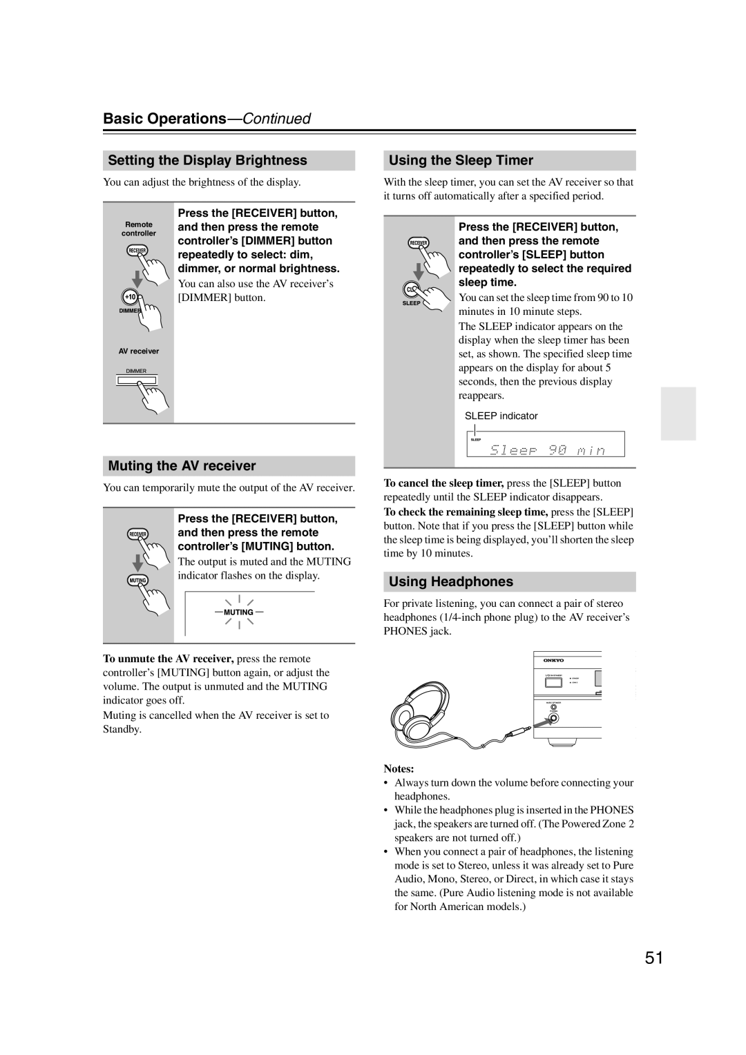 Onkyo HT-S6200, 29344937 Setting the Display Brightness, Muting the AV receiver Using the Sleep Timer, Using Headphones 