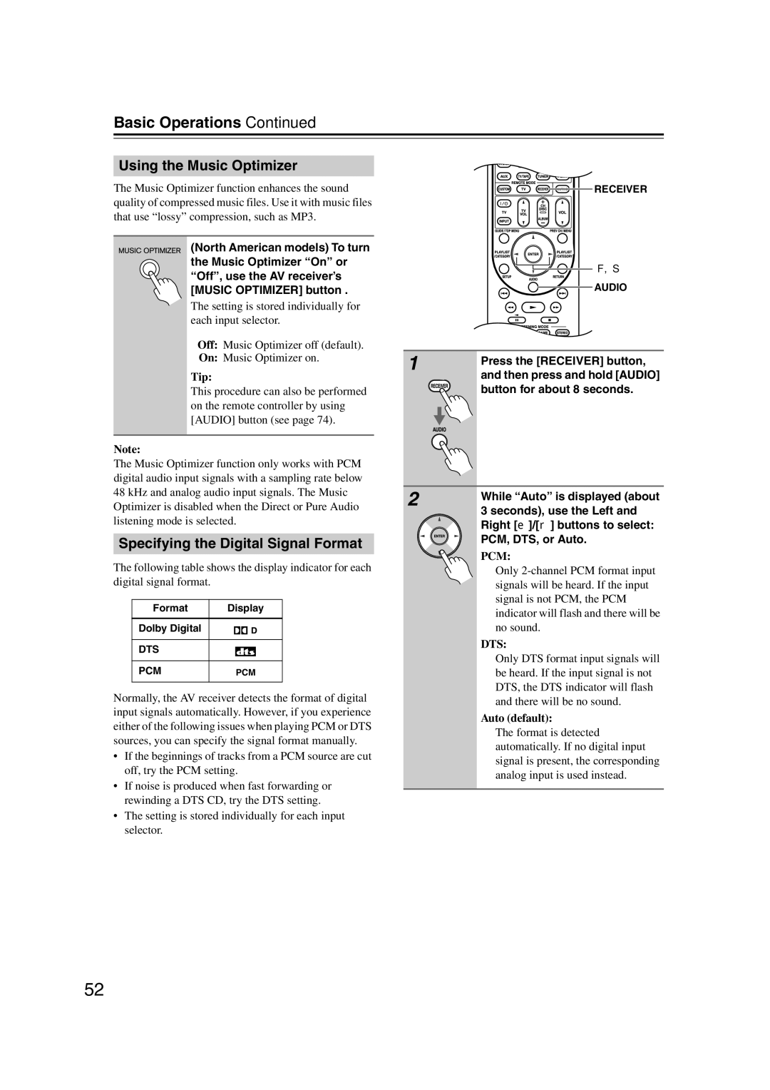 Onkyo 29344937, HT-S6200 instruction manual Using the Music Optimizer, Specifying the Digital Signal Format, Auto default 