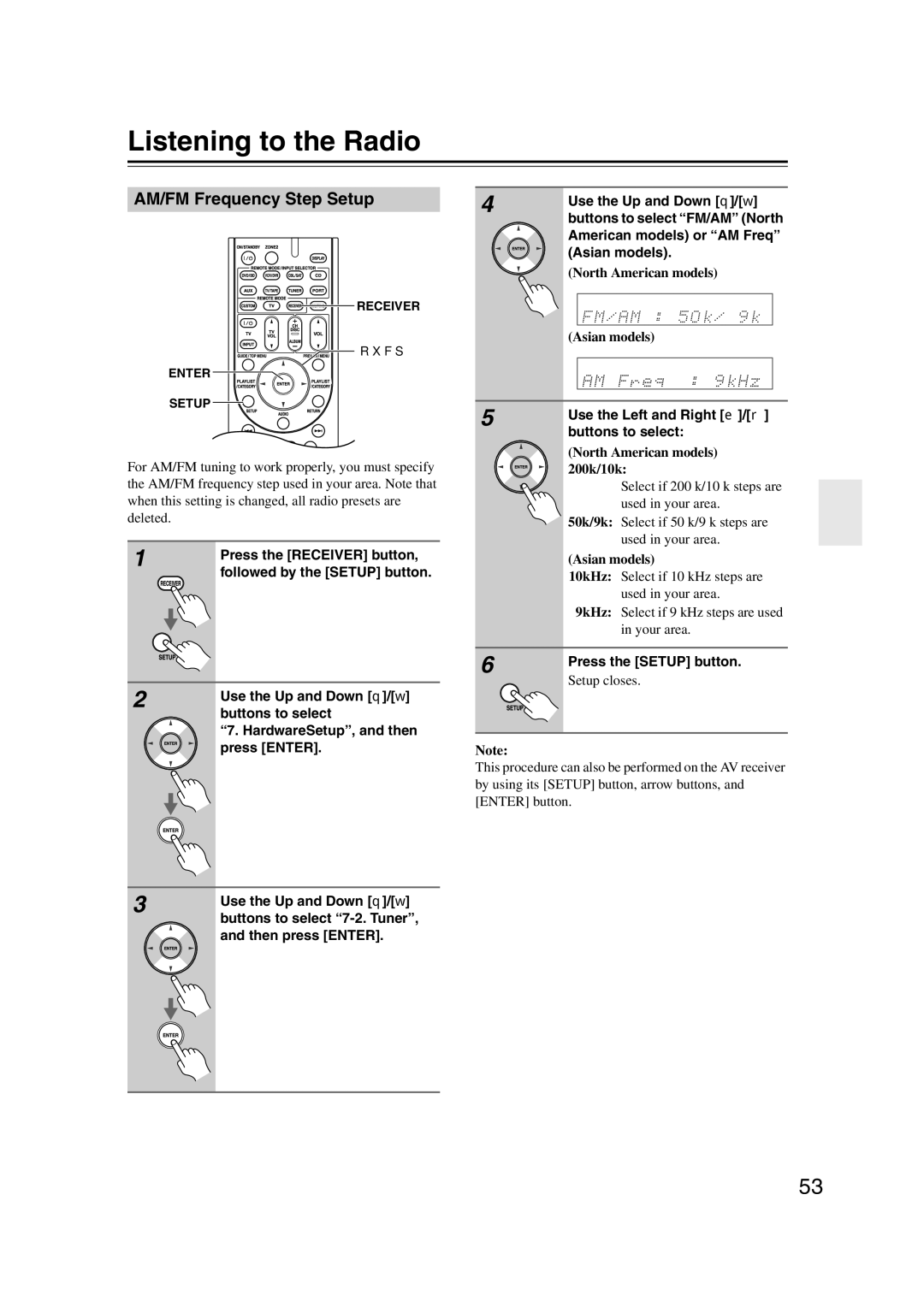 Onkyo HT-S6200, 29344937 Listening to the Radio, AM/FM Frequency Step Setup, North American models Asian models 