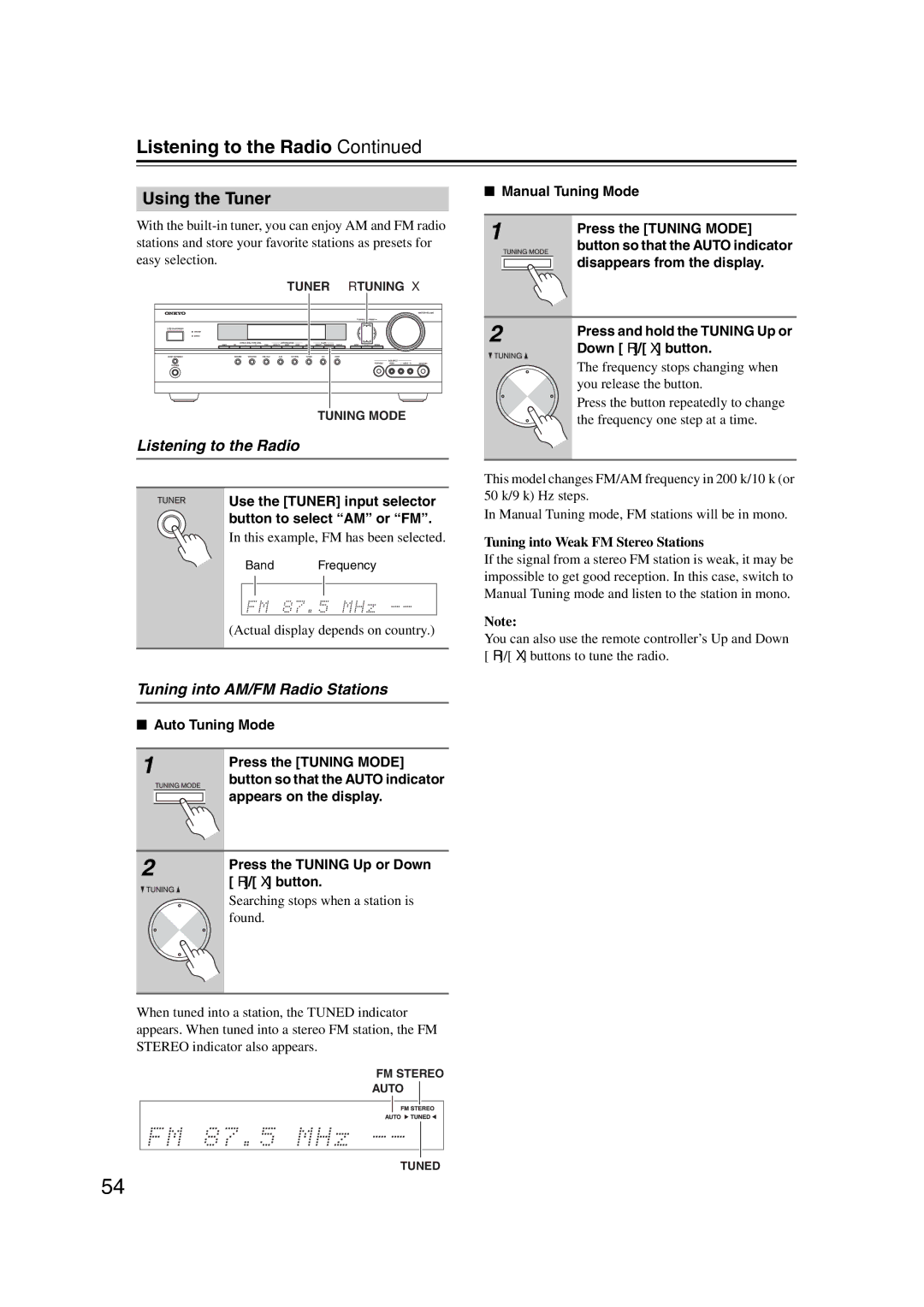 Onkyo 29344937, HT-S6200 instruction manual Listening to the Radio, Using the Tuner, Tuning into AM/FM Radio Stations 