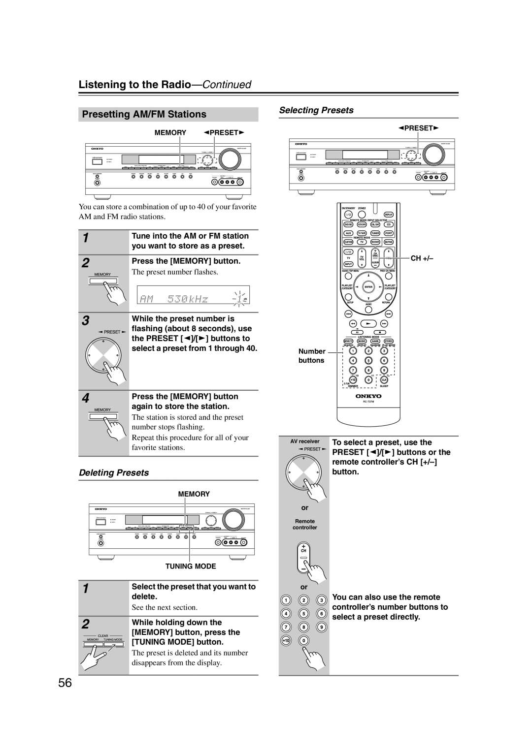 Onkyo 29344937, HT-S6200 instruction manual Presetting AM/FM Stations, Deleting Presets, Selecting Presets 