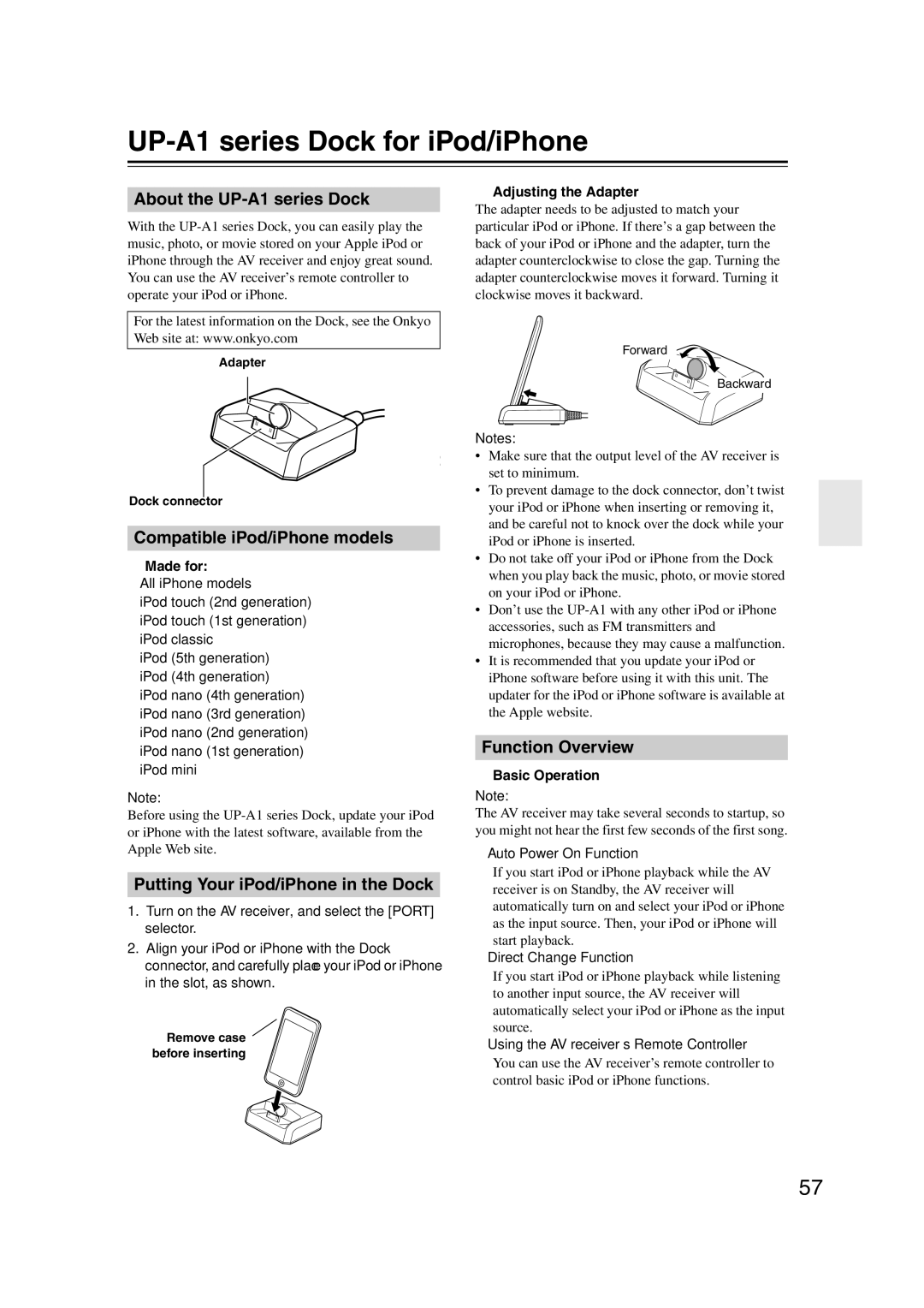 Onkyo HT-S6200 About the UP-A1 series Dock, Compatible iPod/iPhone models, Putting Your iPod/iPhone in the Dock, Made for 