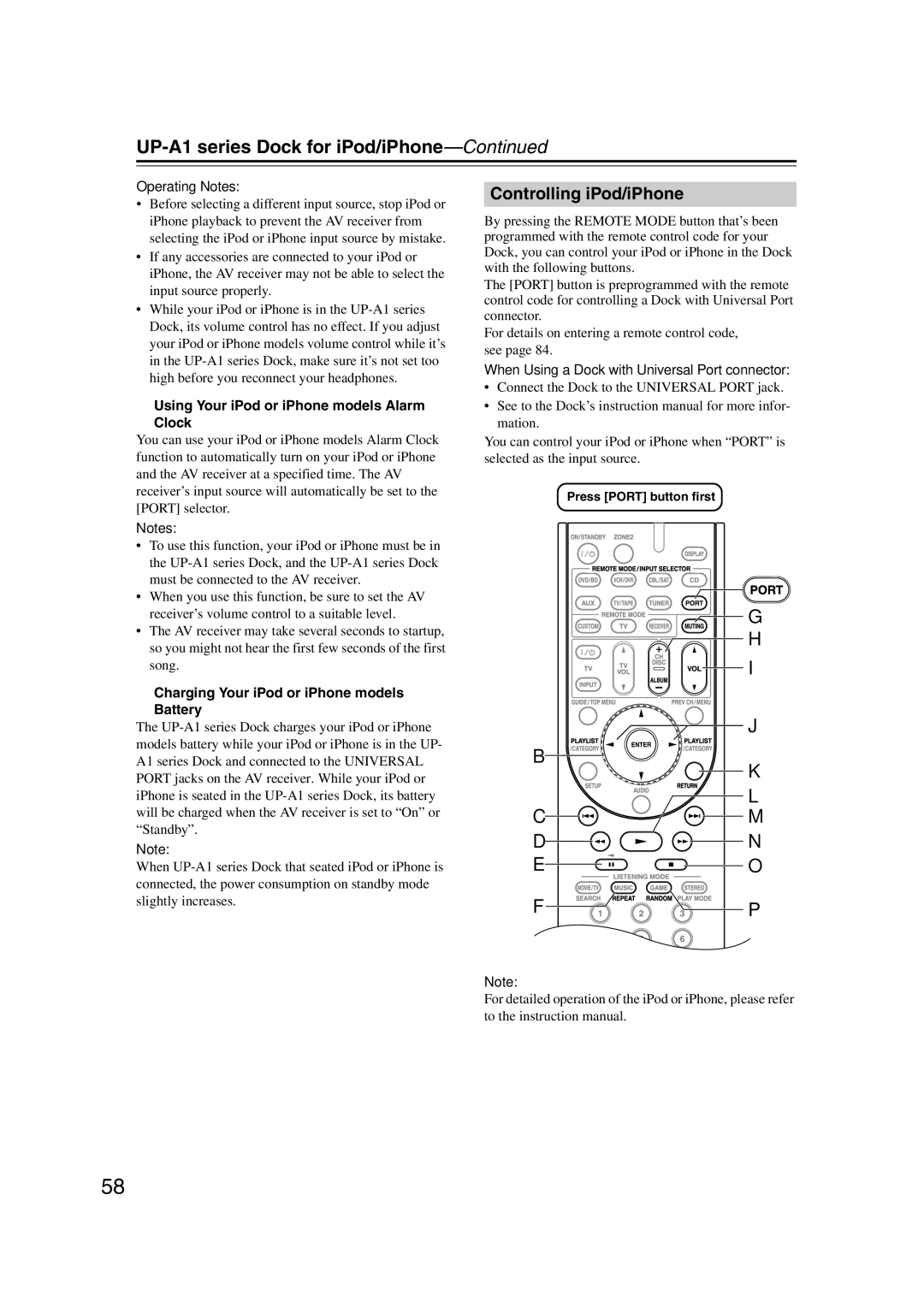 Onkyo 29344937 UP-A1 series Dock for iPod/iPhone, Controlling iPod/iPhone, Using Your iPod or iPhone models Alarm Clock 