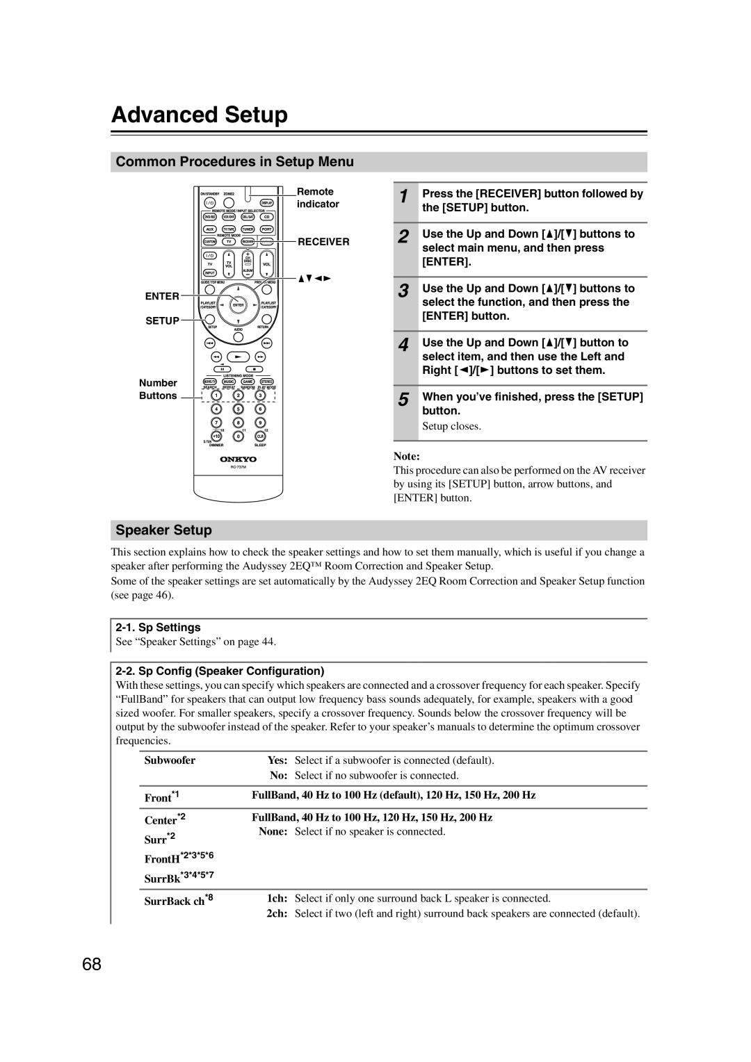 Onkyo 29344937, HT-S6200 instruction manual Advanced Setup, Common Procedures in Setup Menu, Speaker Setup 