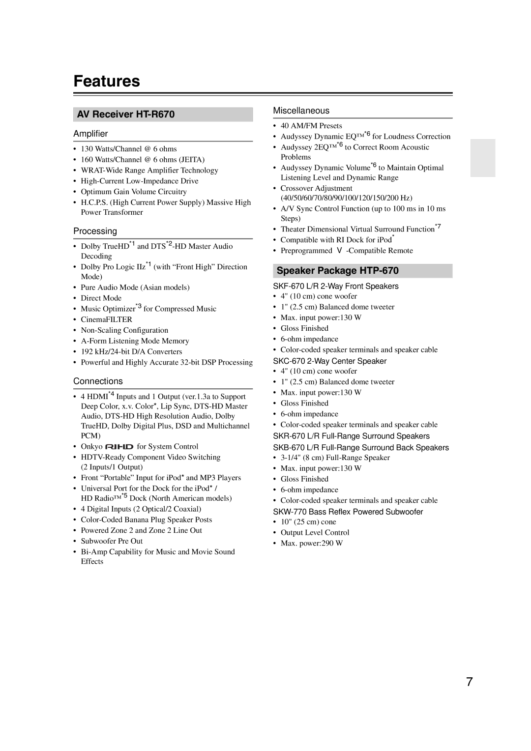 Onkyo HT-S6200, 29344937 instruction manual Features, Amplifier, Processing, Connections, Miscellaneous 