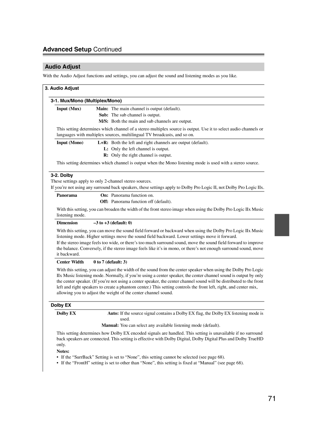 Onkyo HT-S6200, 29344937 instruction manual Audio Adjust Mux/Mono Multiplex/Mono, Dolby EX 